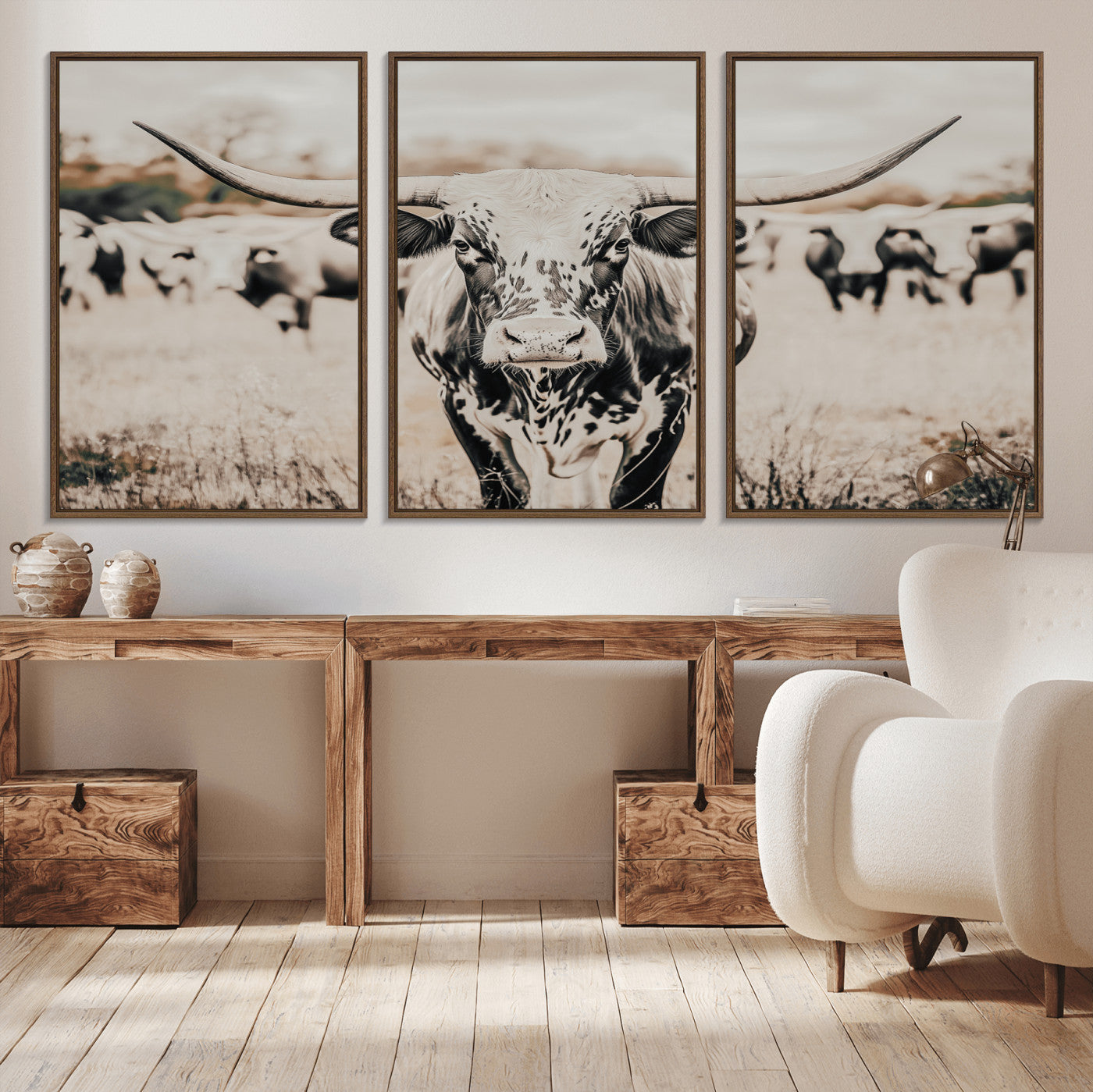 27497342-MGV-CV-36X24-Texas Longhorn Wall Art Canvas Print, Framed Speckled Cow Art Picture Print, Horned Cattle Perfect Rustic Western Decor Artwork