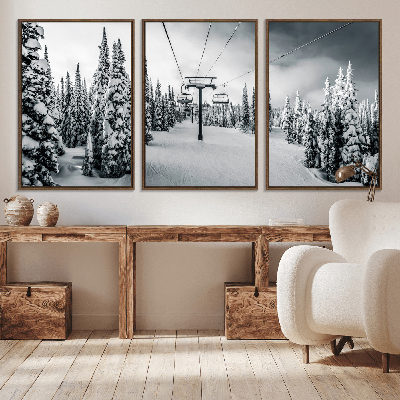 31156828-MGV-CV-36X24-Snowy Pines Wall Art Canvas Print, Framed Ski Lift Art Picture Print, Winter Forest Perfect Moody Lodge Decor Artwork