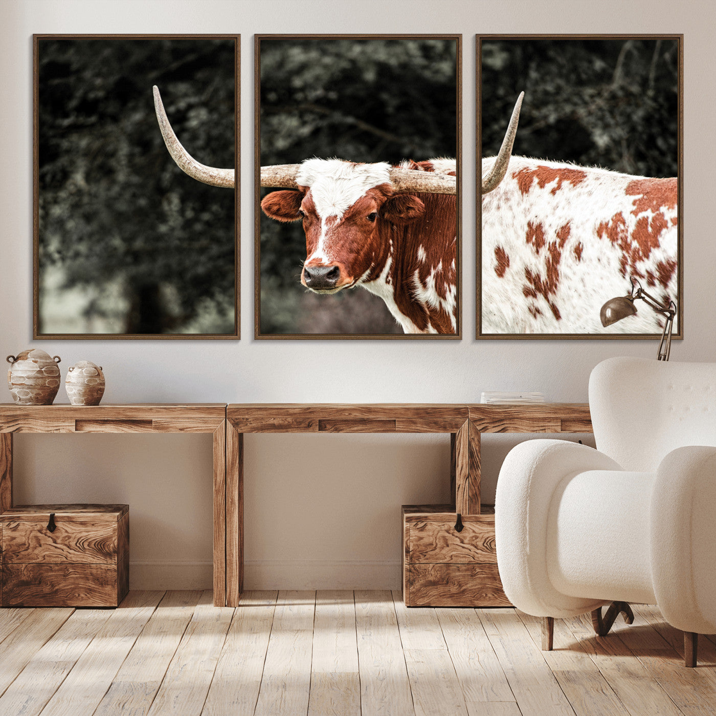 54027638-MGV-CV-36X24-Texas Longhorn Wall Art Canvas Print, Framed Spotted Cow Art Picture Print, Horned Bull Perfect Rustic Western Decor Artwork