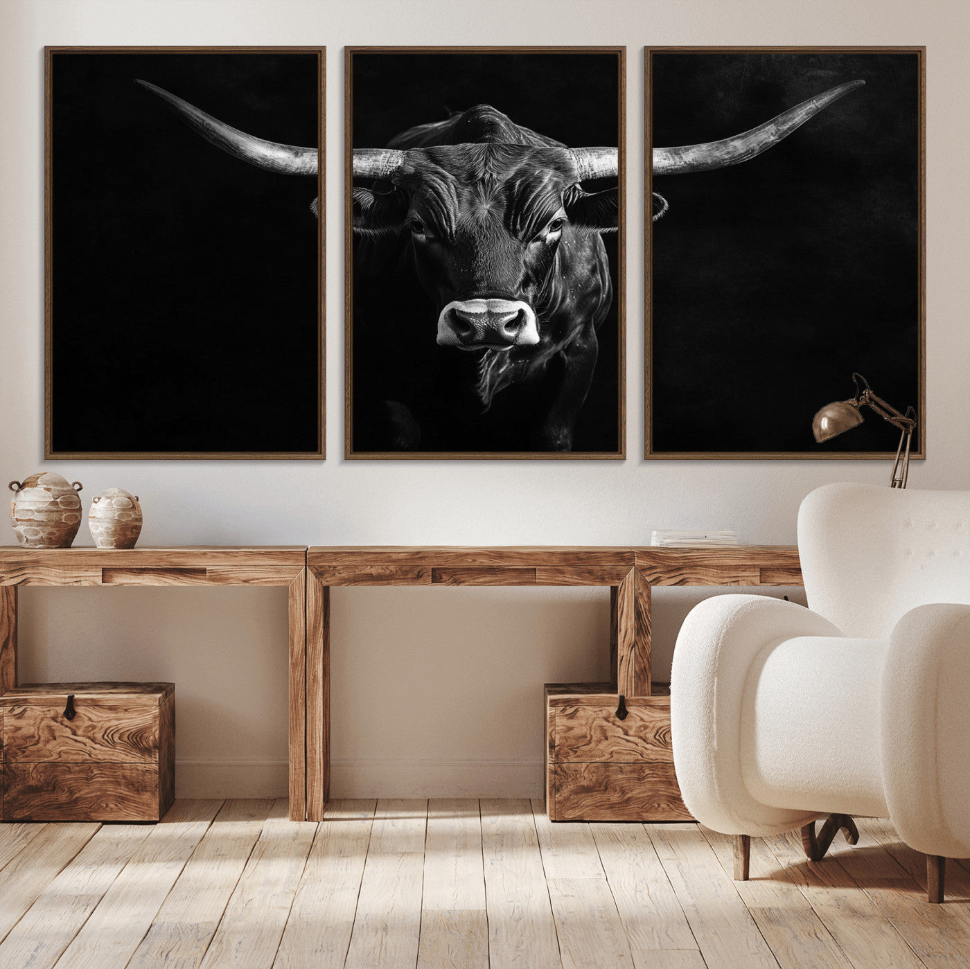 42077175-MGV-CV-36X24-Texas Longhorn Wall Art Canvas Print, Framed Monochrome Bull Art Picture Print, Horned Bull Perfect Rustic Western Decor Artwork