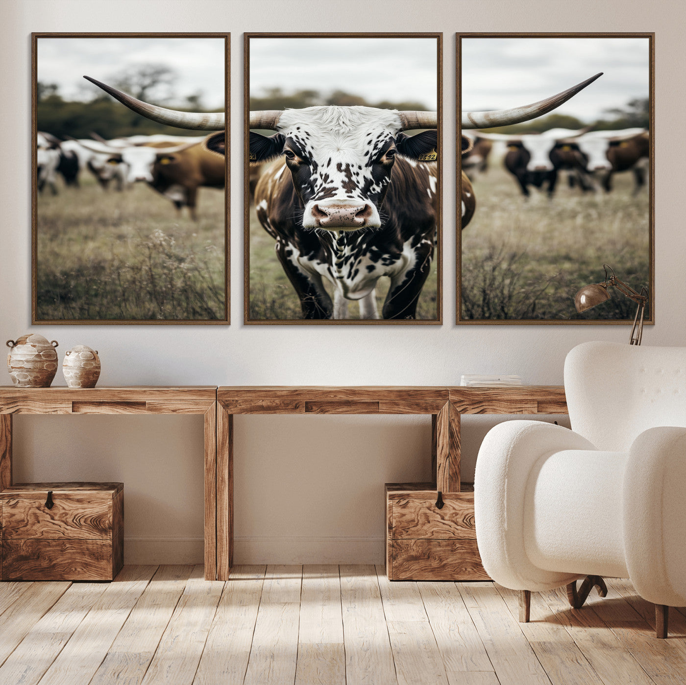 79025945-MGV-CV-36X24-Texas Longhorn Wall Art Canvas Print, Framed Speckled Cow Art Picture Print, Horned Cattle Perfect Rustic Western Decor Artwork