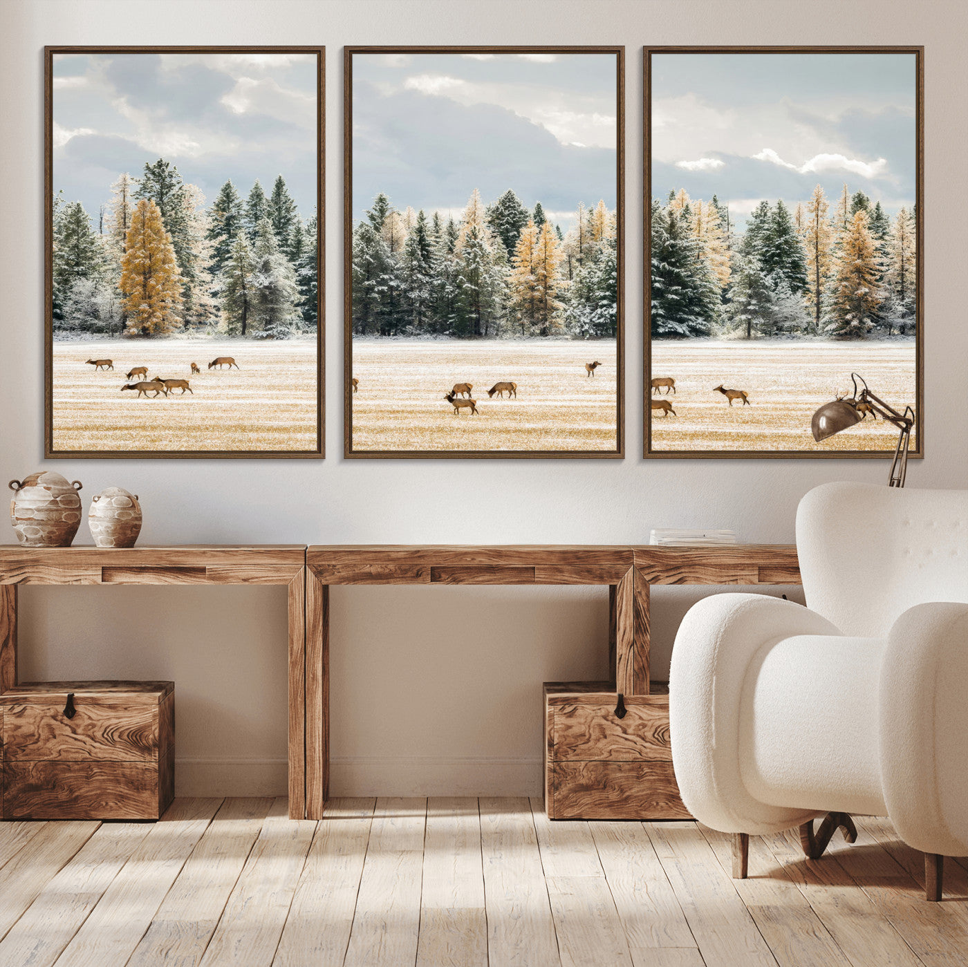 64188182-MGV-CV-36X24-Elk Herd Wall Art Canvas Print, Framed Snowy Forest Art Picture Print, Forest Elks Perfect Neutral Rustic Decor Artwork