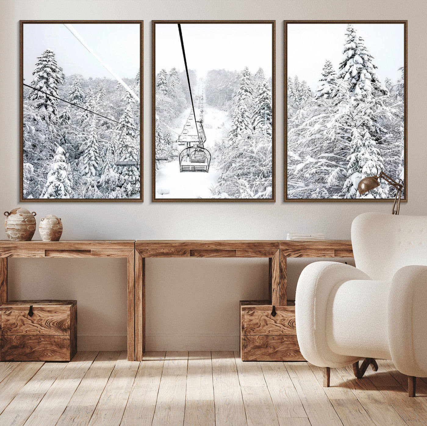 60296839-MGV-CV-36X24-Snowy Mountains Wall Art Canvas Print, Framed Ski Lift Art Picture Print, Winter Forest Perfect Winter Minimalist Decor Artwork