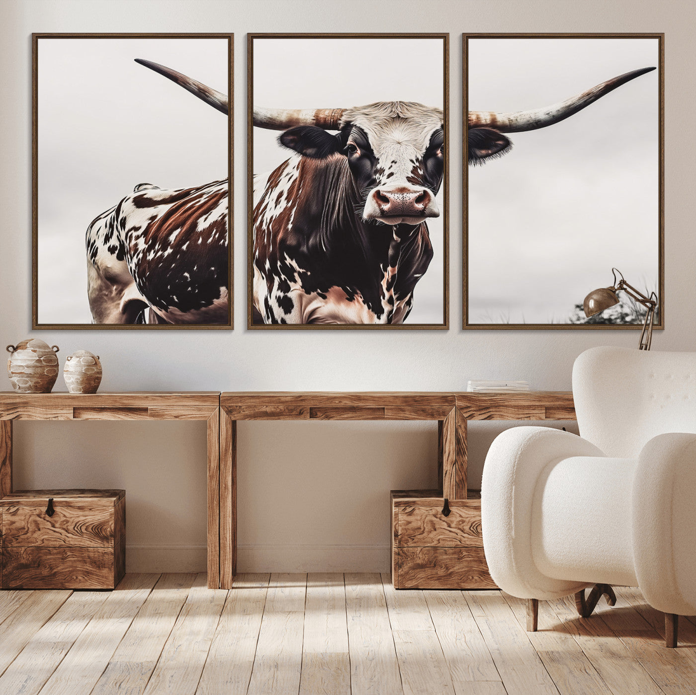 95249234-MGV-CV-36X24-Texas Longhorn Wall Art Canvas Print, Framed Spotted Bull Art Picture Print, Horned Cattle Perfect Rustic Farmhouse Decor Artwork
