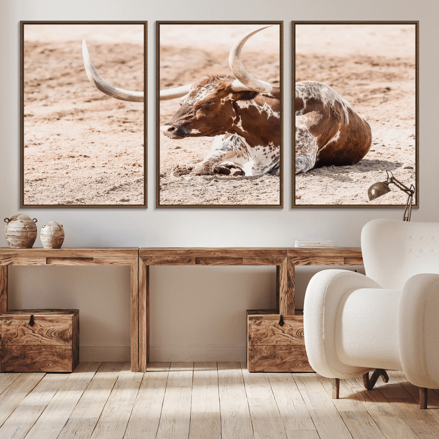 91248682-MGV-CV-36X24-Texas Longhorn Wall Art Canvas Print, Framed Resting Bull Art Picture Print, Spotted Cattle Perfect Rustic Western Decor Artwork