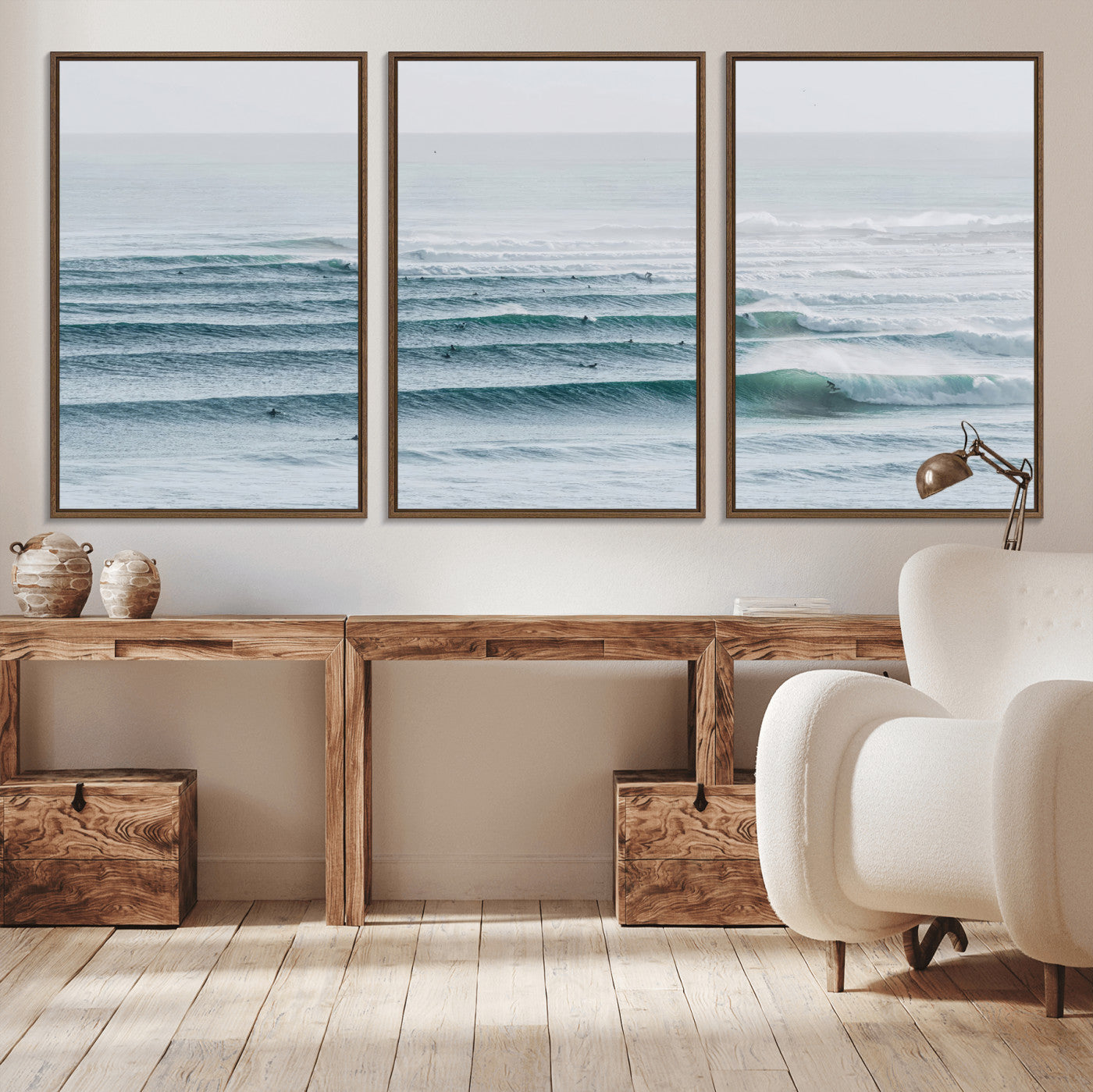 73969318-MGV-CV-36X24-Ocean Waves Wall Art Canvas Print, Framed Surfer Lineup Art Picture Print, Crowded Ocean Perfect Minimal Coastal Decor Artwork