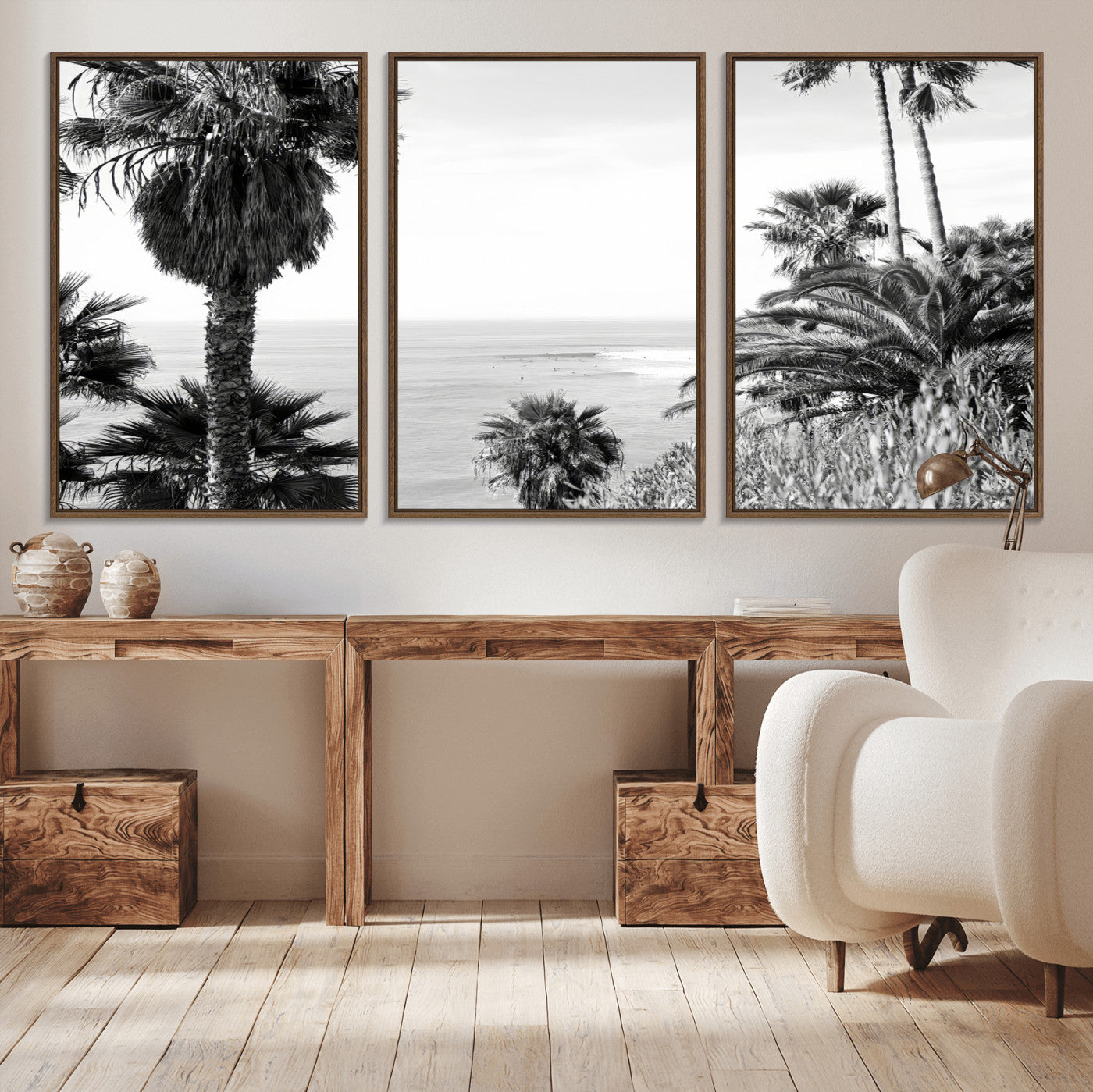89458520-MGV-CV-36X24-Palm Trees Wall Art Canvas Print, Framed Coastal View Art Picture Print, Ocean Horizon Perfect Monochrome Coast Decor Artwork