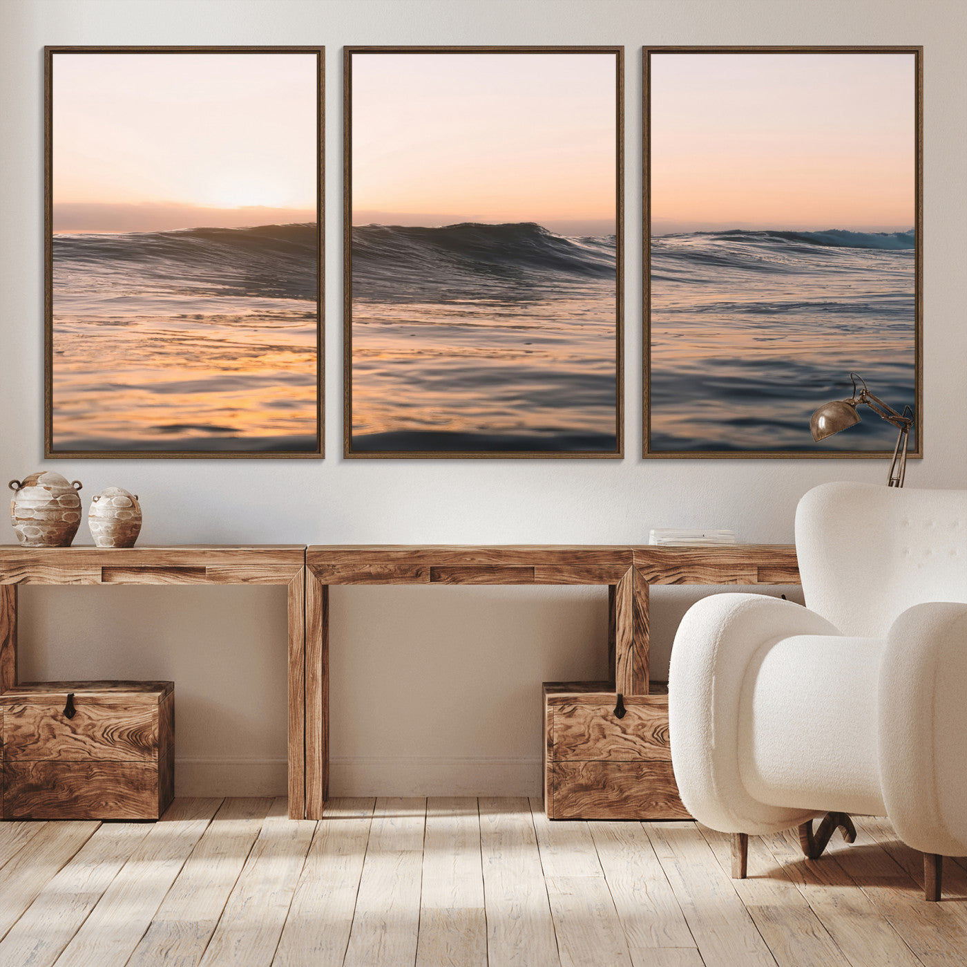 46299358-MGV-CV-36X24-Sunset Waves Wall Art Canvas Print, Framed Ocean Horizon Art Picture Print, Golden Water Perfect Golden Hour Coastal Decor Artwork