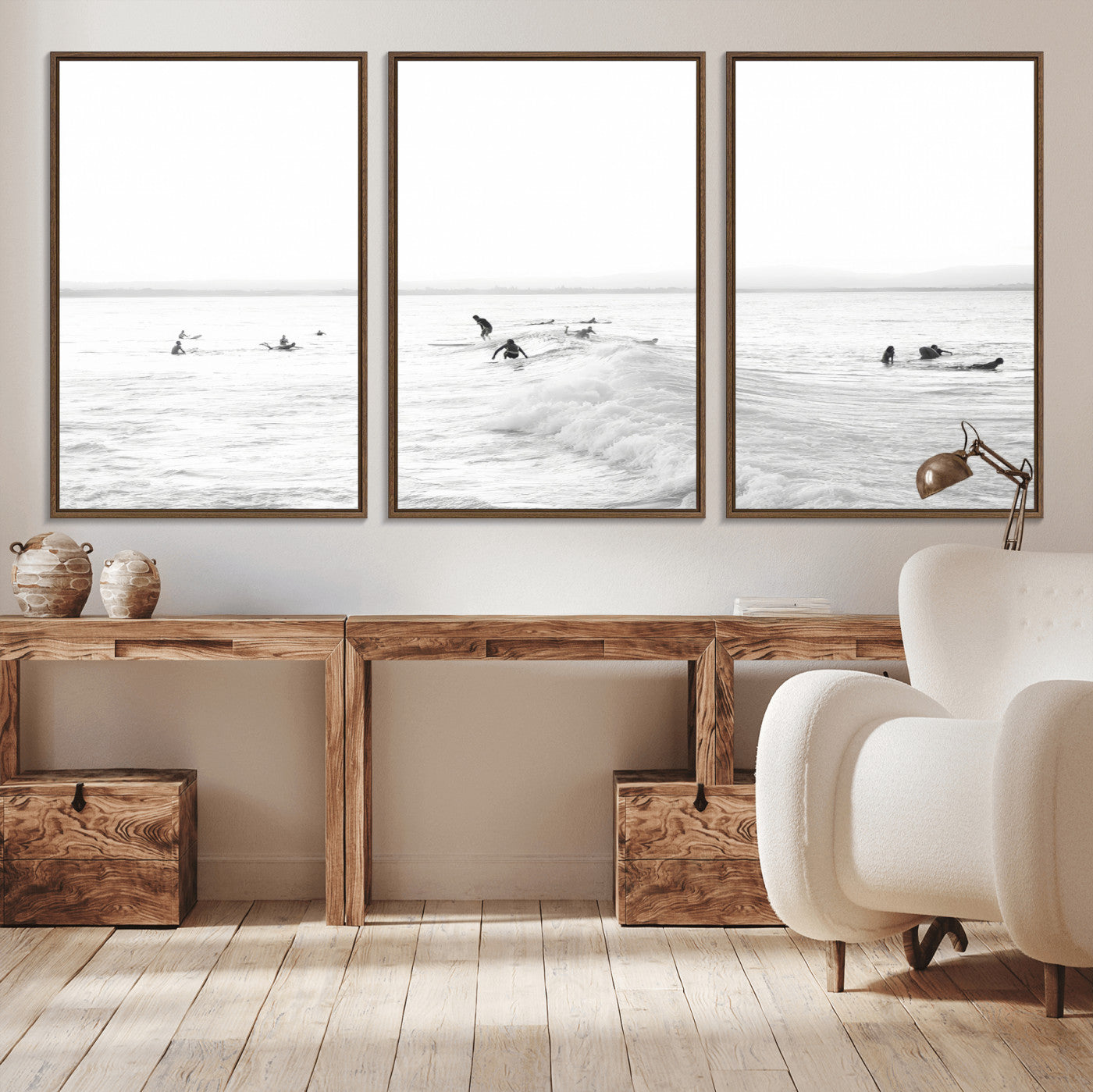 33449548-MGV-CV-36X24-Group Surfers Wall Art Canvas Print, Framed Ocean Wave Art Picture Print, Surf Crowd Perfect Monochrome Surf Decor Artwork