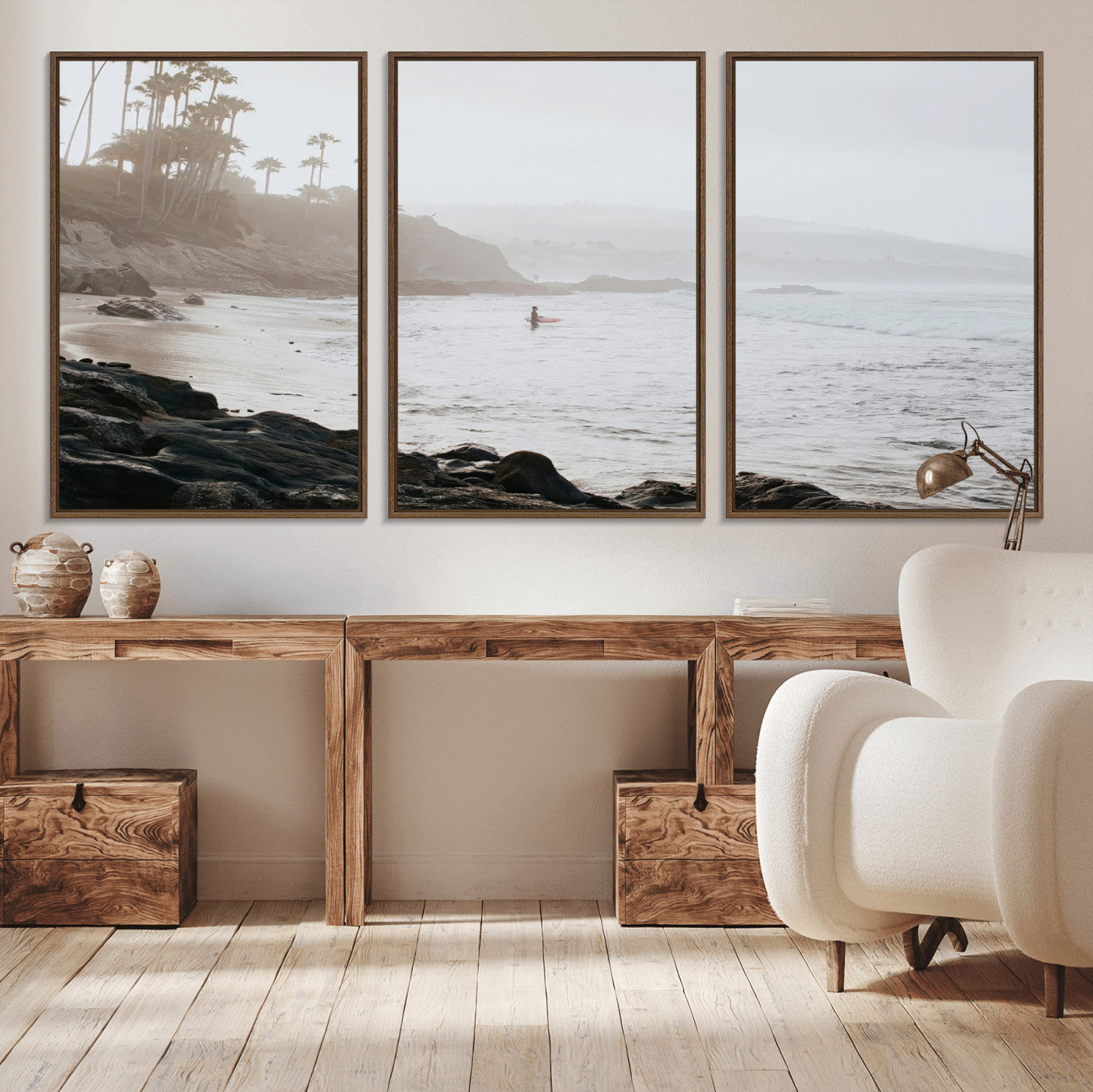 62501405-MGV-CV-36X24-Misty Beach Wall Art Canvas Print, Framed California Surfer Art Picture Print, Coastal Cliff Perfect Coastal Beach Decor Artwork