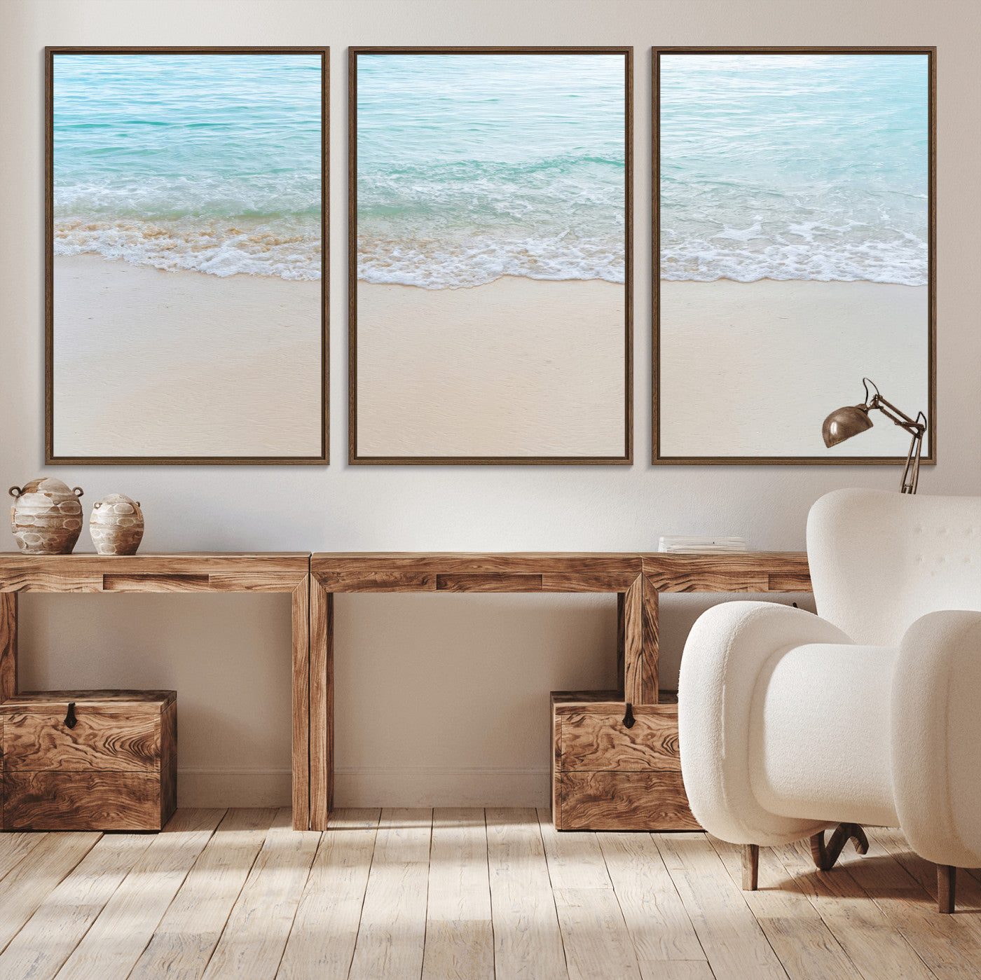 77194056-MGV-CV-36X24-Soft Shoreline Wall Art Canvas Print, Framed Gentle Waves Art Picture Print, Clear Water Perfect Minimalist Coastal Decor Artwork