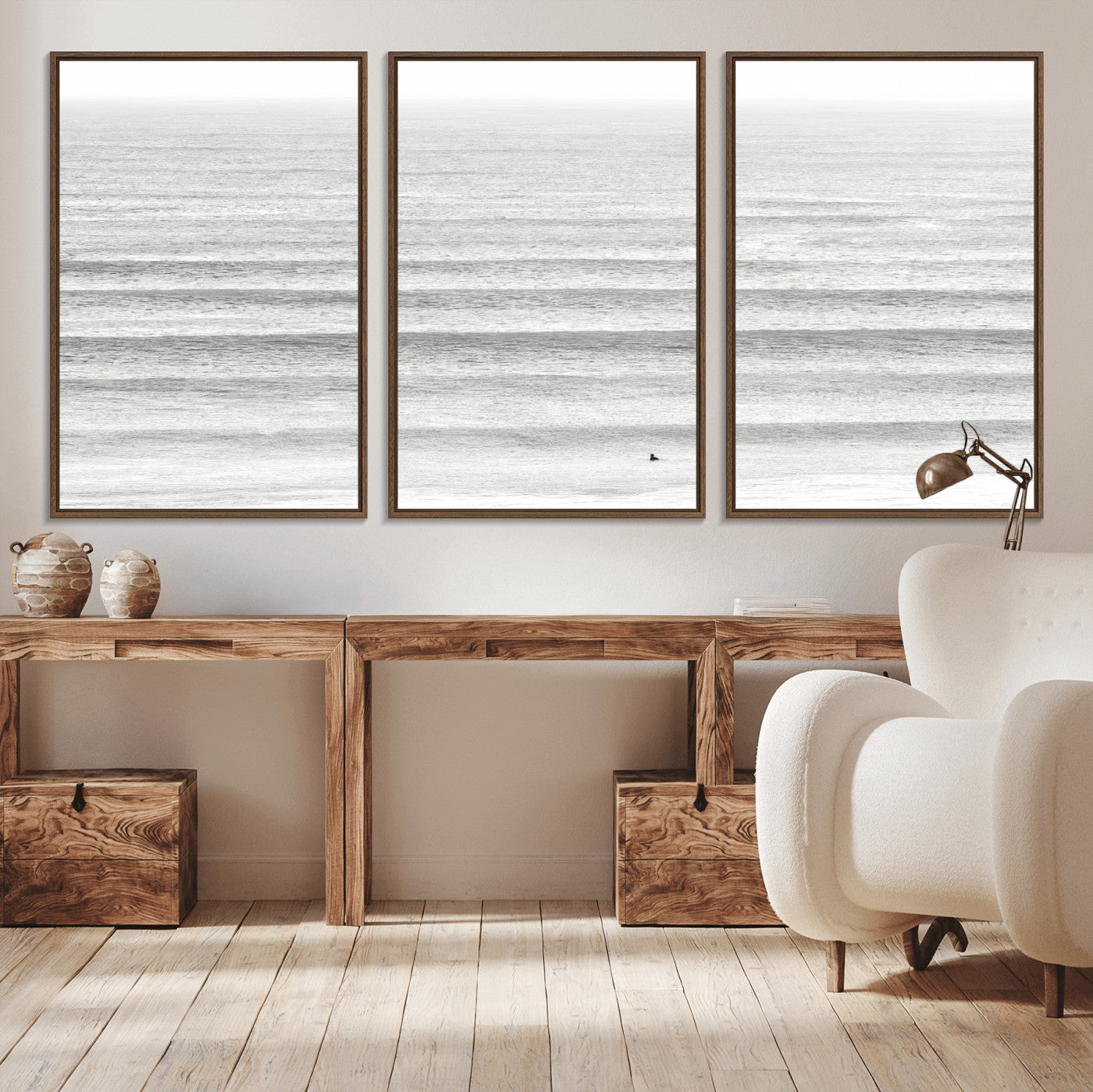 66534476-MGV-CV-36X24-Lone Surfer Wall Art Canvas Print, Framed Ocean Waves Art Picture Print, Minimal Sea Perfect Minimal Coastal Decor Artwork