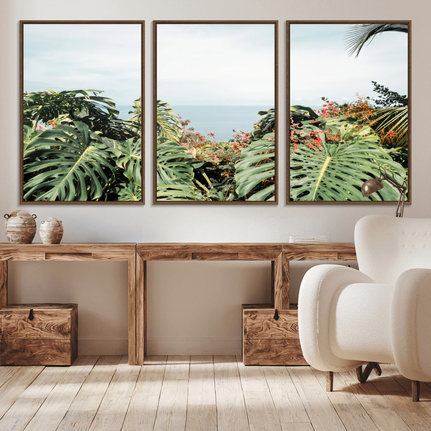 45700479-MGV-CV-36X24-Monstera Leaves Wall Art Canvas Print, Framed Tropical Ocean Art Picture Print, Tropical Foliage Perfect Tropical Coastal Jungle