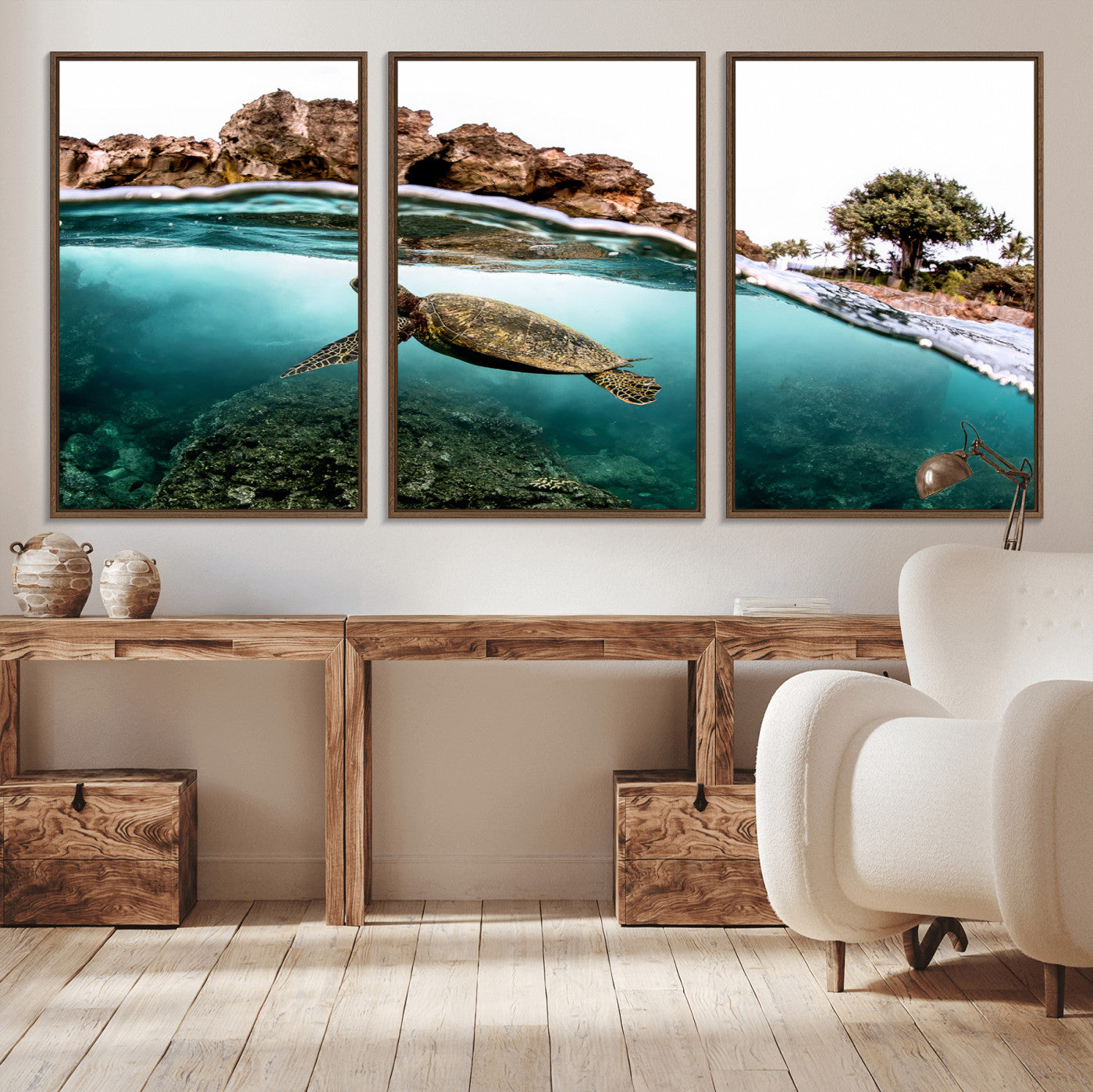 44200301-MGV-CV-36X24-Sea Turtle Swim Wall Art Canvas Print, Framed Ocean Life Art Picture Print, Tropical Shoreline Perfect Tropical Coastal Decor