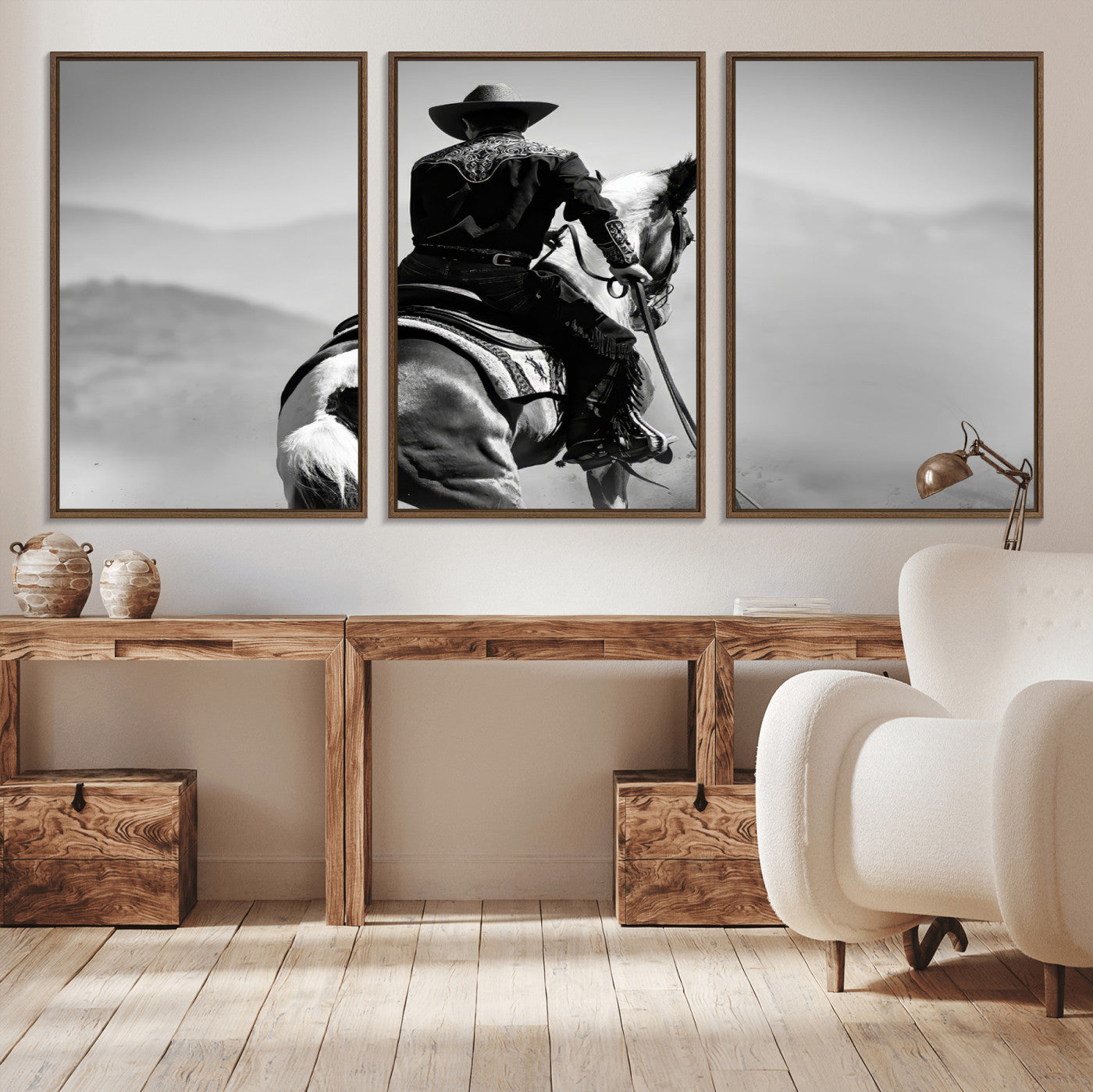 83102464-MGV-CV-36X24-Western Cowboy Wall Art Canvas Print, Framed Monochrome Horse Art Picture Print, Western Equestrian Perfect Rustic Western Decor
