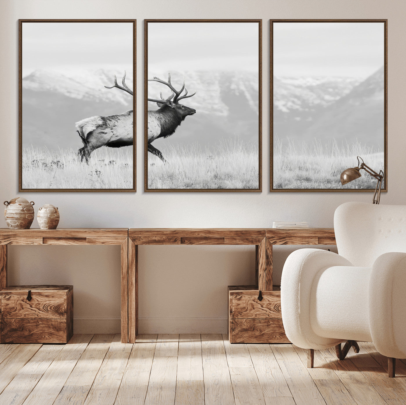 62278753-MGV-CV-36X24-Monochrome Elk Wall Art Canvas Print, Framed Mountain Wildlife Art Picture Print, Rustic Nature Perfect Rustic Minimalist Decor
