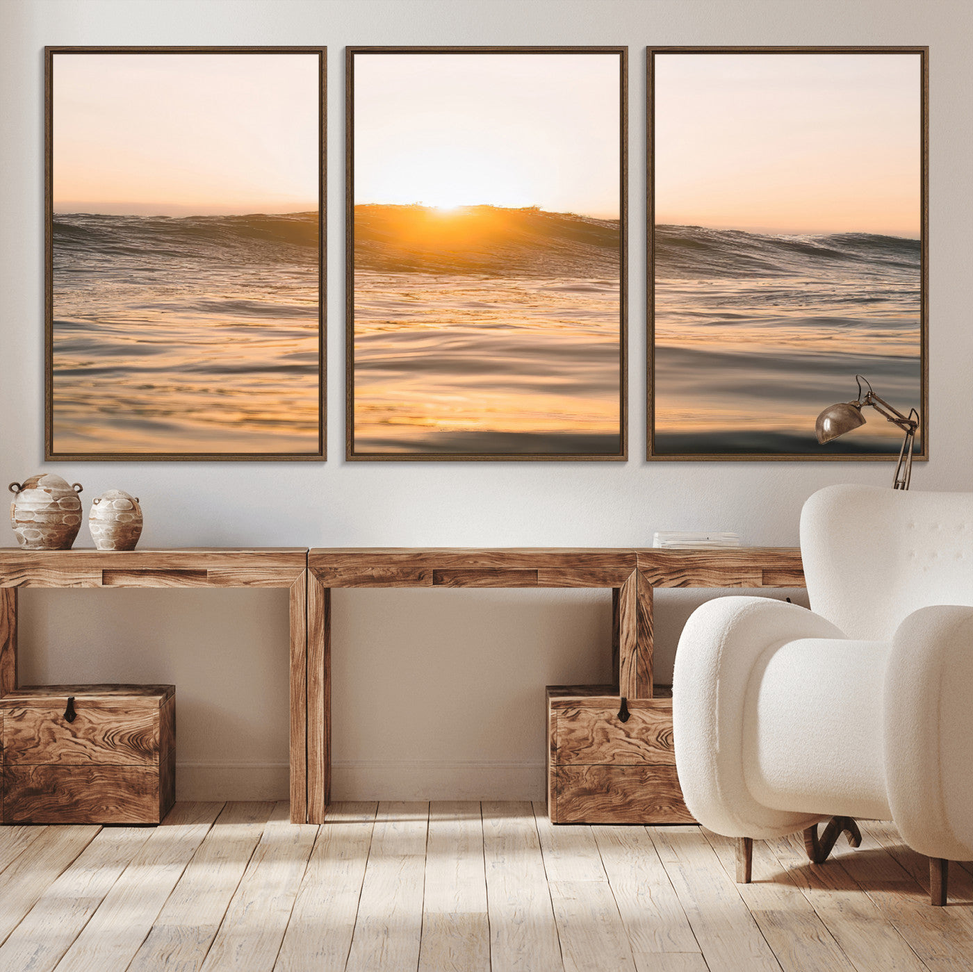 16973771-MGV-CV-36X24-Calm Water Wall Art Canvas Print, Framed Sunset Waves Art Picture Print, Coastal Warmth Perfect Warm Minimalist Decor Artwork