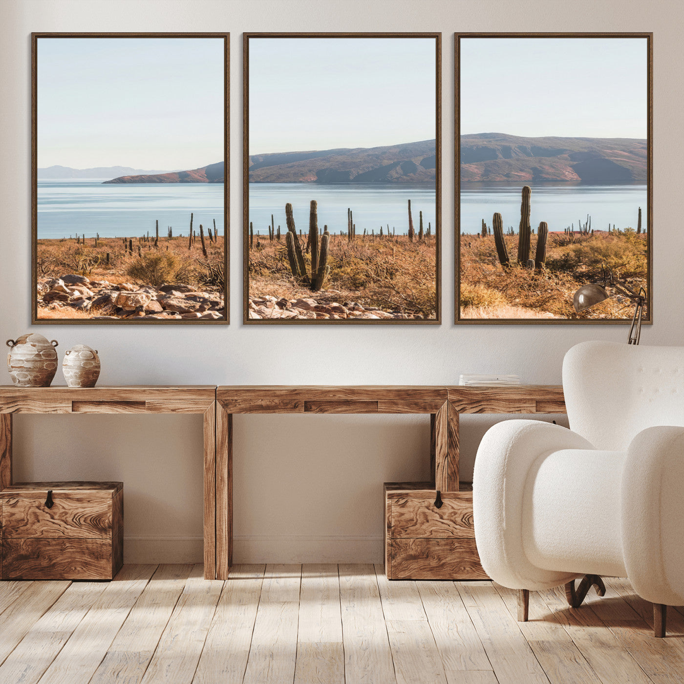 45193515-MGV-CV-36X24-Desert Cactus Wall Art Canvas Print, Framed Baja Coastline Art Picture Print, Coastal Desert Perfect Southwestern Minimalist Decor