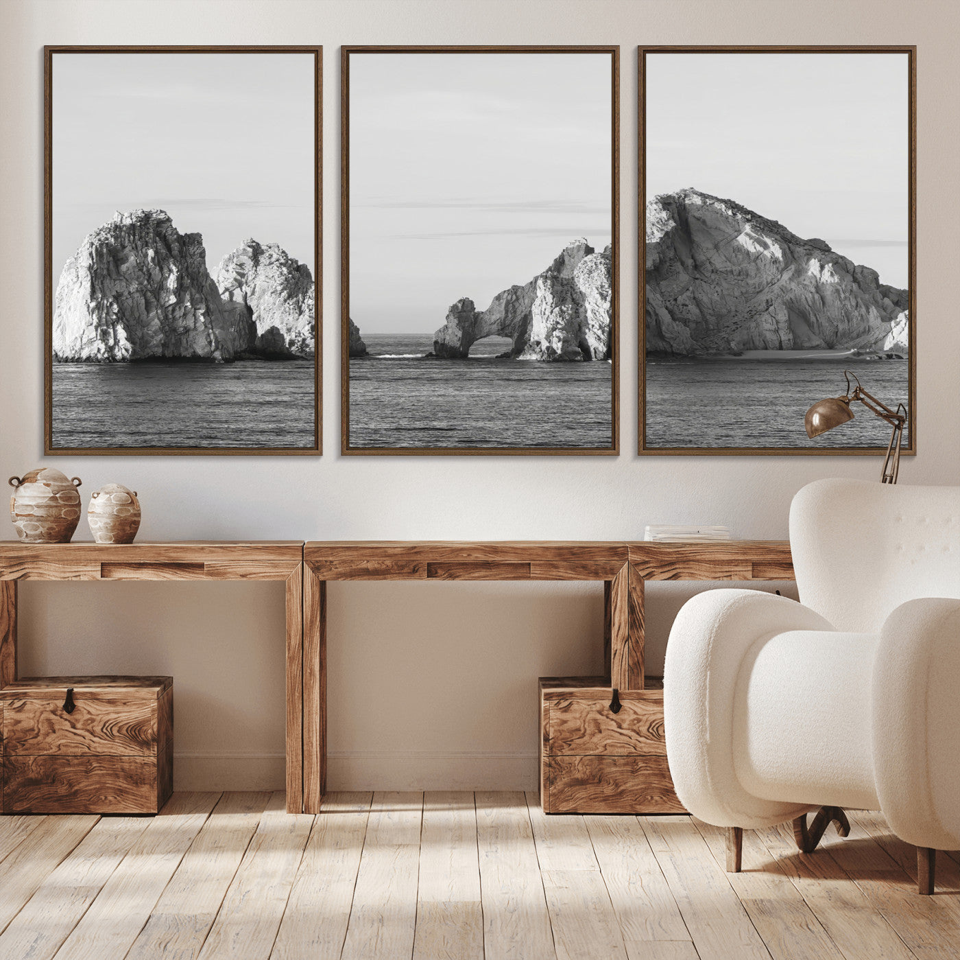 18810731-MGV-CV-36X24-Rugged Coastline Wall Art Canvas Print, Framed Ocean Cliffs Art Picture Print, Monochrome Seascape Perfect Coastal Minimalist