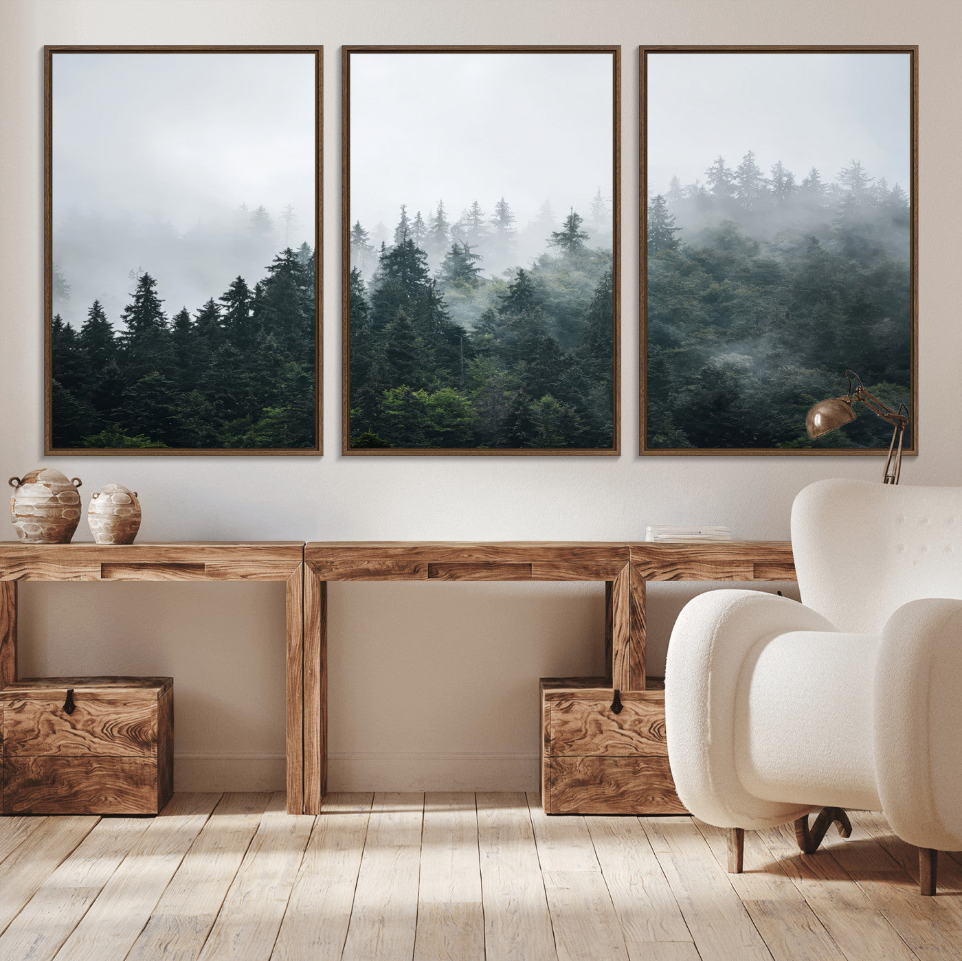 84146572-MGV-CV-36X24-Foggy Pine Trees Wall Art Canvas Print, Framed Forest Nature Art Picture Print, Evergreen Forest Perfect Scandinavian Minimalist