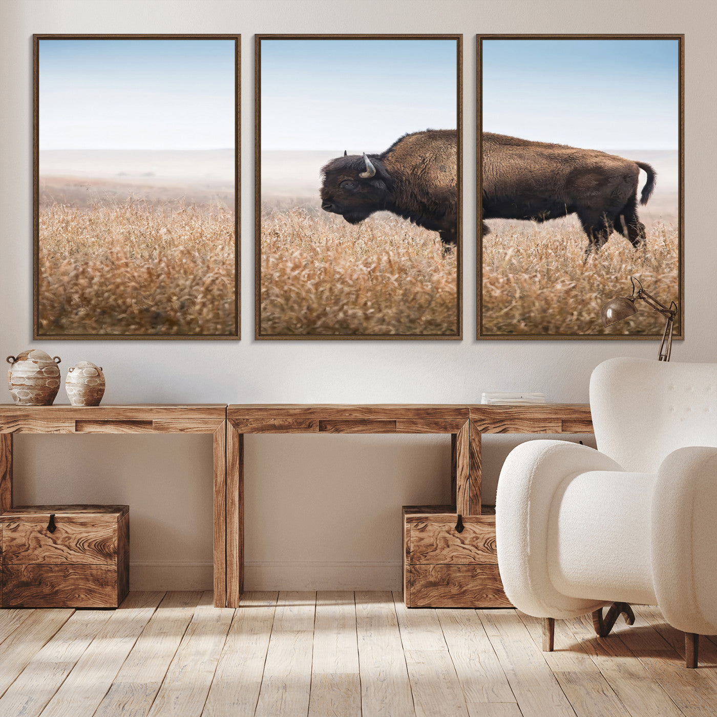 99620201-MGV-CV-36X24-Wild Bison Wall Art Canvas Print, Framed Bison in Prairie Art Picture Print, Rustic Western Perfect Rustic Western Decor Artwork