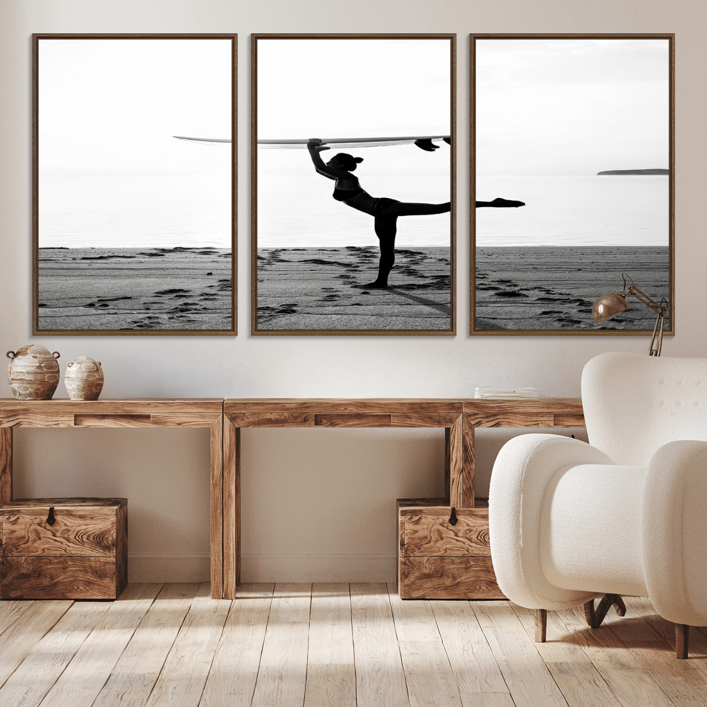 28441356-MGV-CV-36X24-Yoga Surf Wall Art Canvas Print, Framed Black White Shore Art Picture Print, Peaceful Ocean Perfect Minimalist Coastal Decor