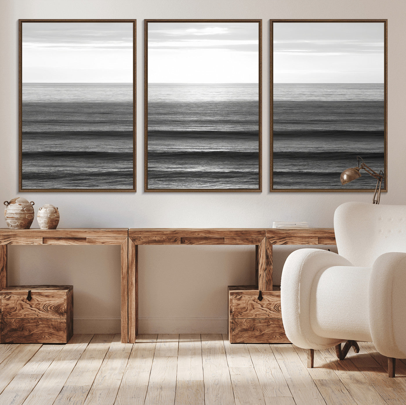 47305203-MGV-CV-36X24-Monochrome Ocean Wall Art Canvas Print, Framed Moody Ocean Art Picture Print, Calm Ocean Perfect Minimalist Coastal Decor Artwork