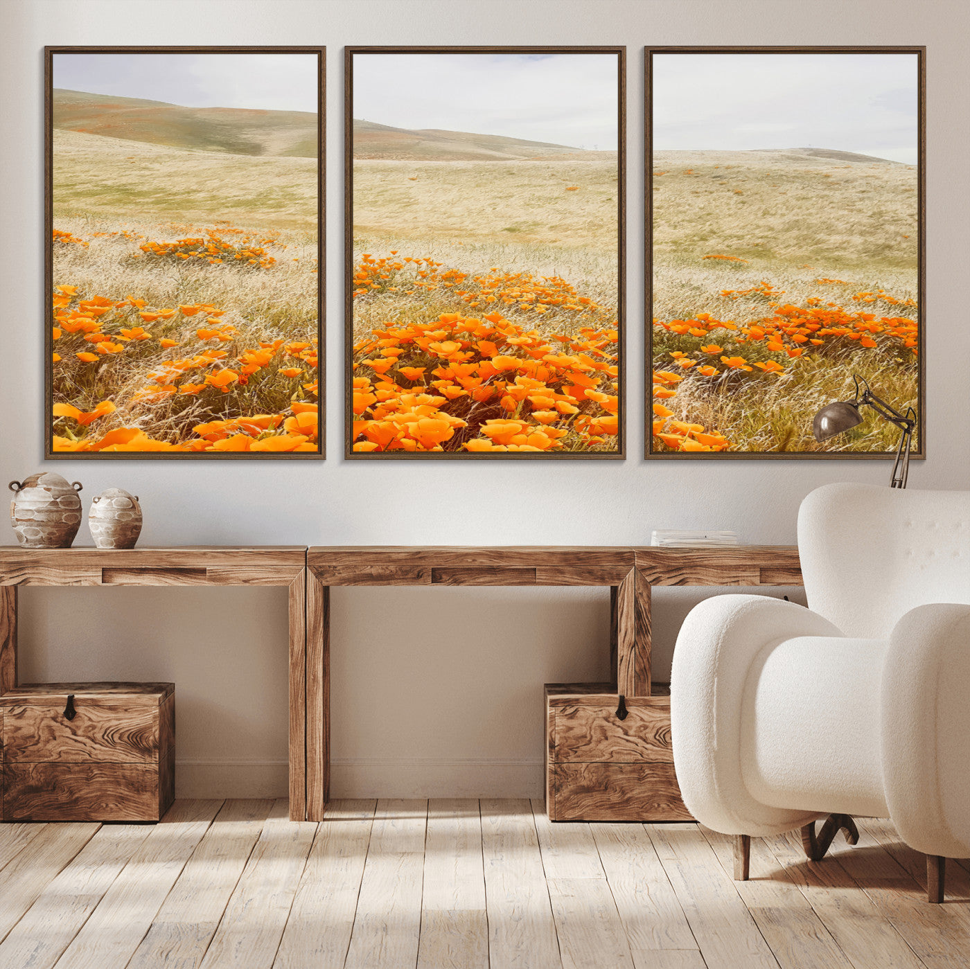 28972262-MGV-CV-36X24-Golden Wildflowers Wall Art Canvas Print, Framed Hills Bloom Art Picture Print, Poppy Meadow Perfect Rustic Nature Decor Artwork