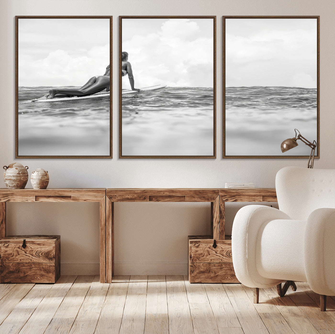 69798068-MGV-CV-36X24-Black White Surfing Wall Art Canvas Print, Framed Ocean Horizon Art Picture Print, Surfer Girl Perfect Coastal Adventure Decor