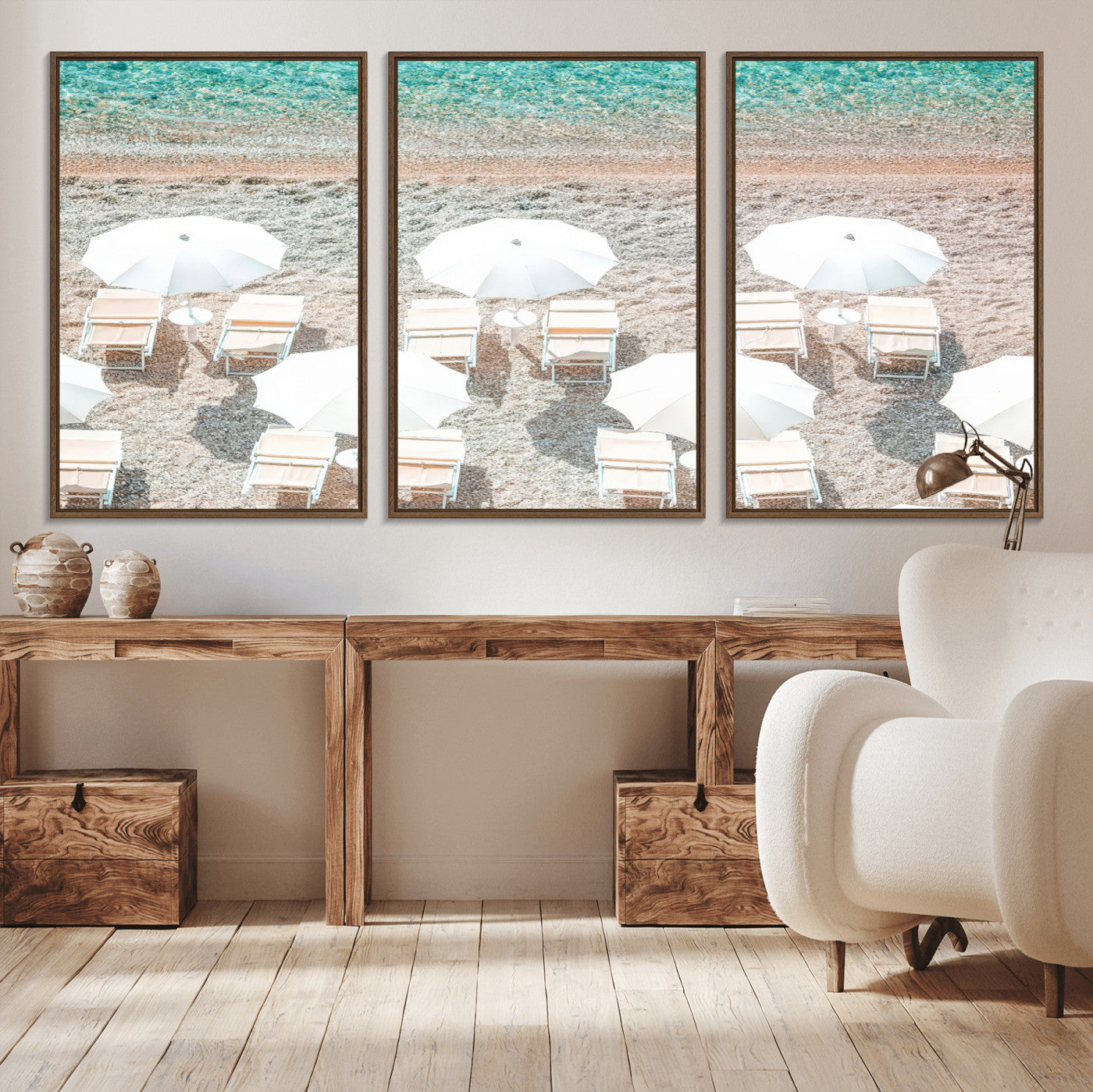 83736167-MGV-CV-36X24-Calm Beach Wall Art Canvas Print, Framed Turquoise Water Art Picture Print, Umbrella Shoreline Perfect Coastal Minimalist Decor