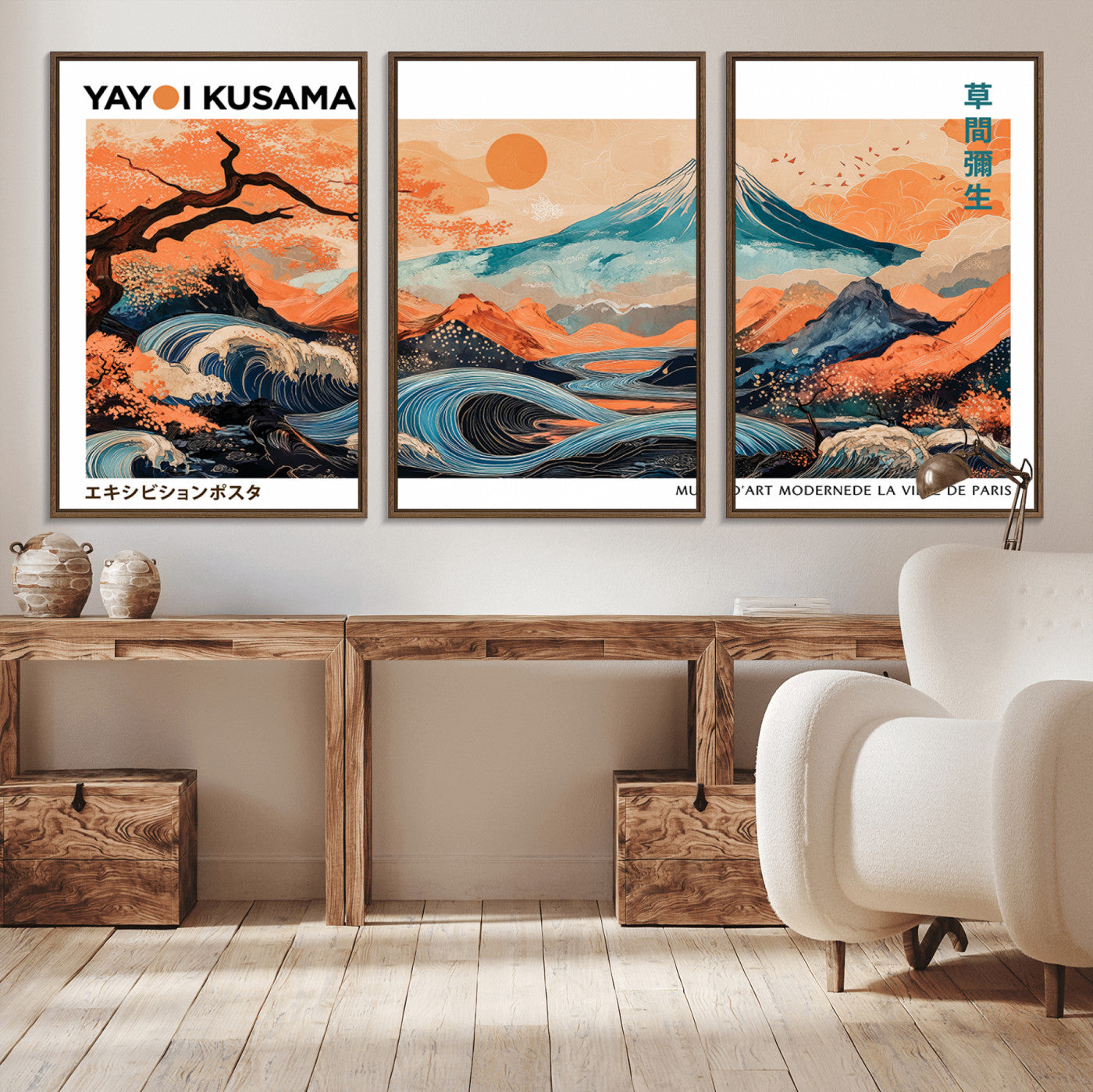 88785870-MGV-CV-36X24-Japanese Great Wave & Mt Fuji Wall Art – Ukiyo e Style Landscape Print with Flowing River, Autumn Mountain Poster, Oriental Asian