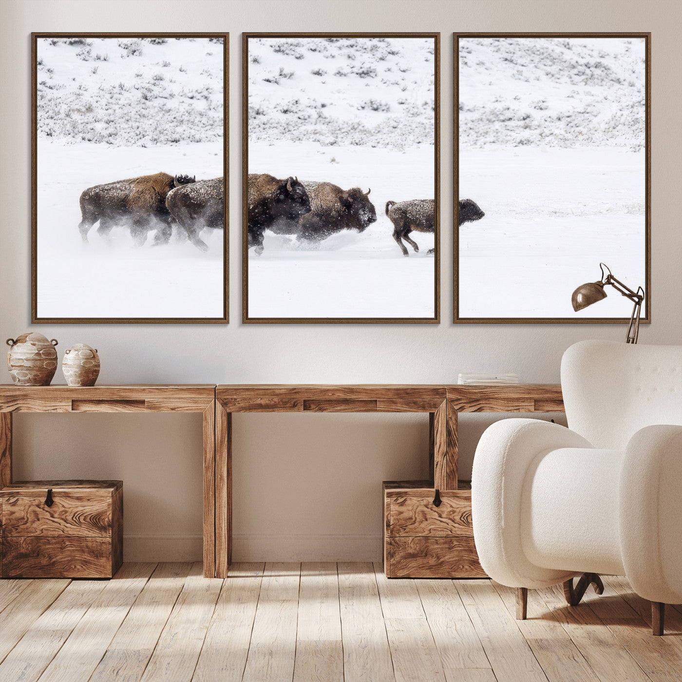 56216945-MGV-CV-36X24-Bison Herd Decor Wall Art Canvas Print, Framed Snowy Bison Scene Art Picture Print, Winter Wildlife Theme Perfect Rustic Western