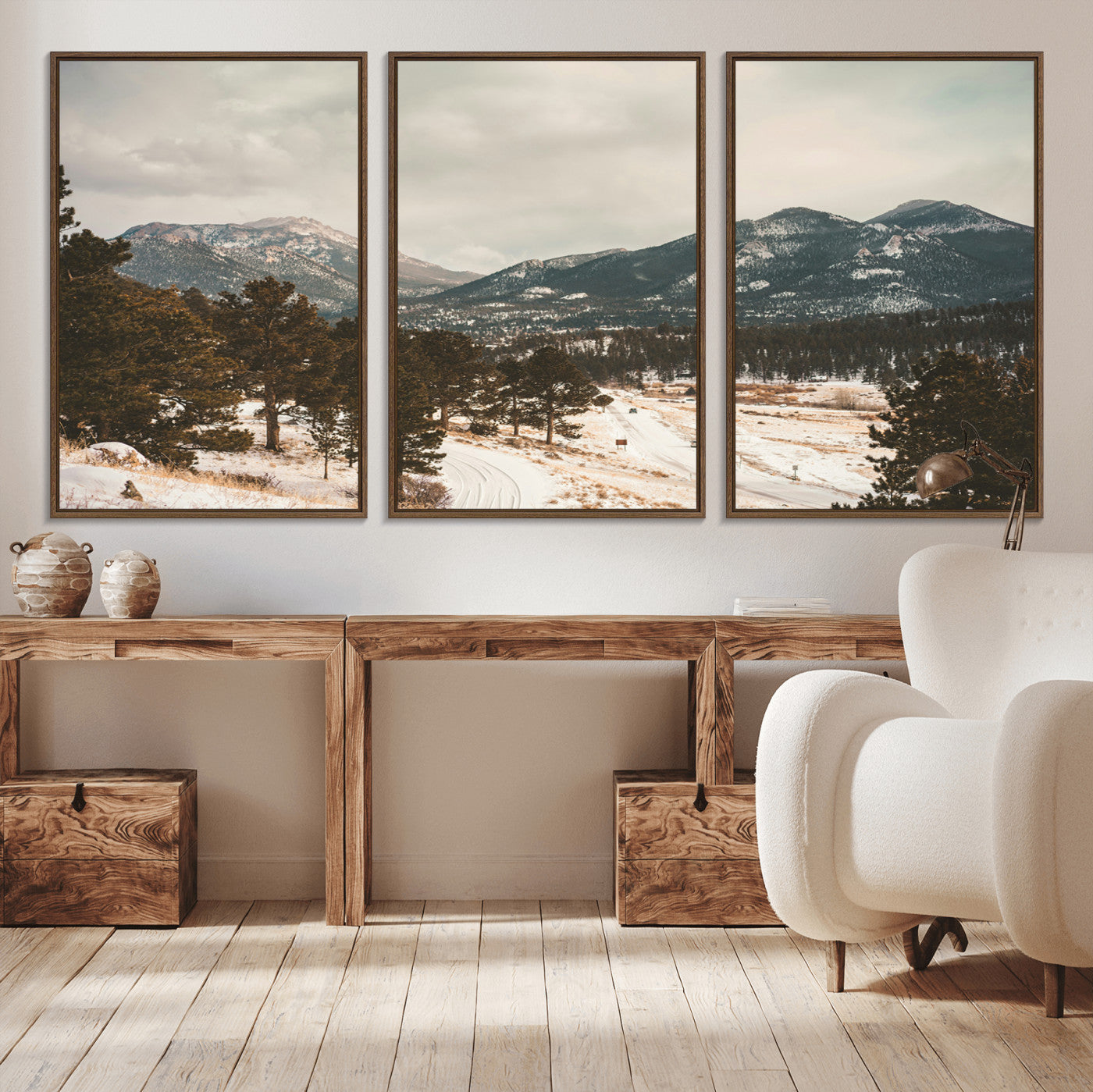 77311749-MGV-FC-60X30-3P_Walnut-Mountain Landscape Wall Art Canvas Print, Framed Snowy Peaks Art Picture Print, Alpine Aesthetic Perfect Rustic Winter Decor