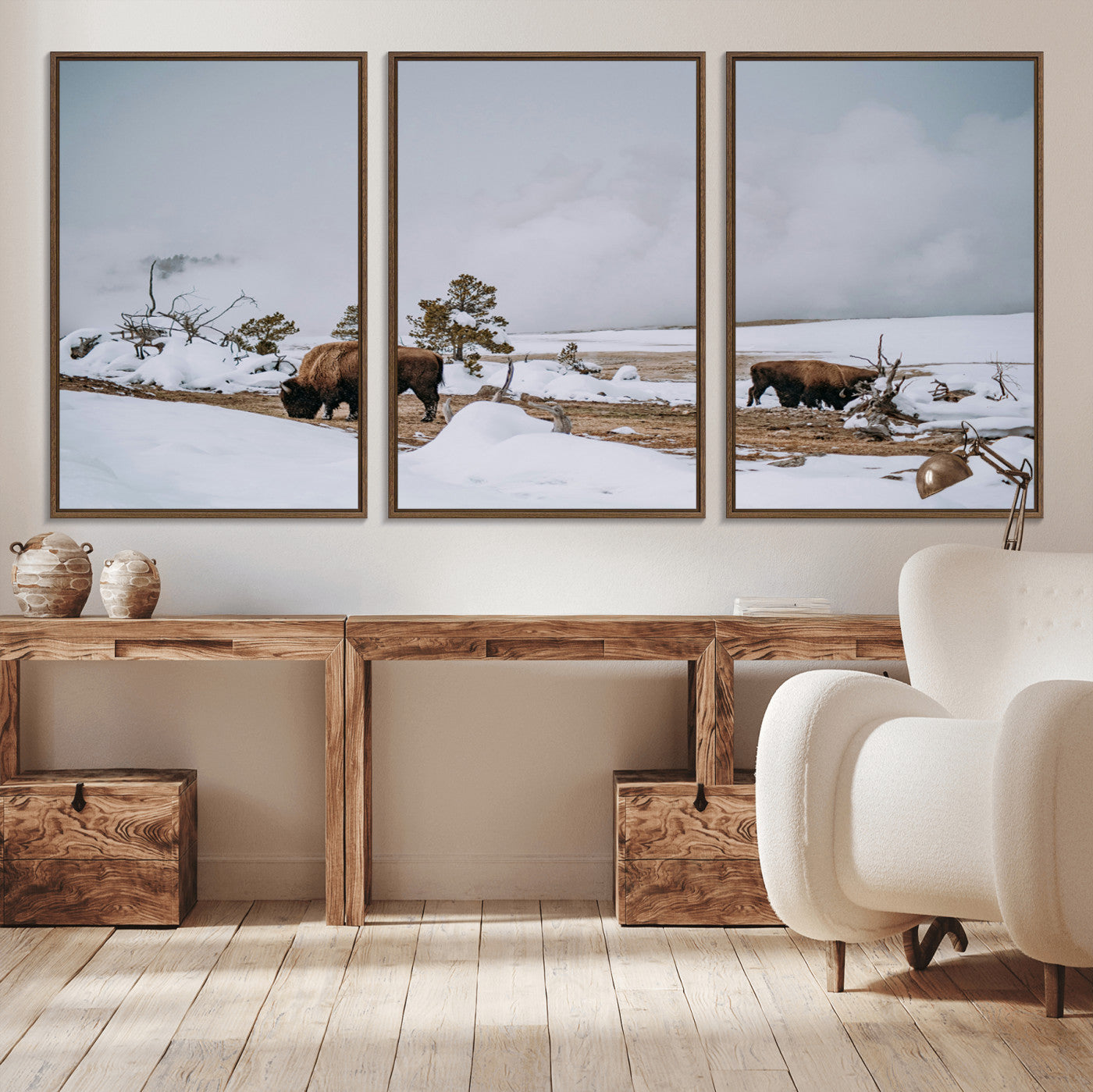 60308289-MGV-CV-36X24-Bison Wildlife Wall Art Canvas Print, Framed Snowy Prairie Art Picture Print, Western Landscape Perfect Rustic Winter Decor