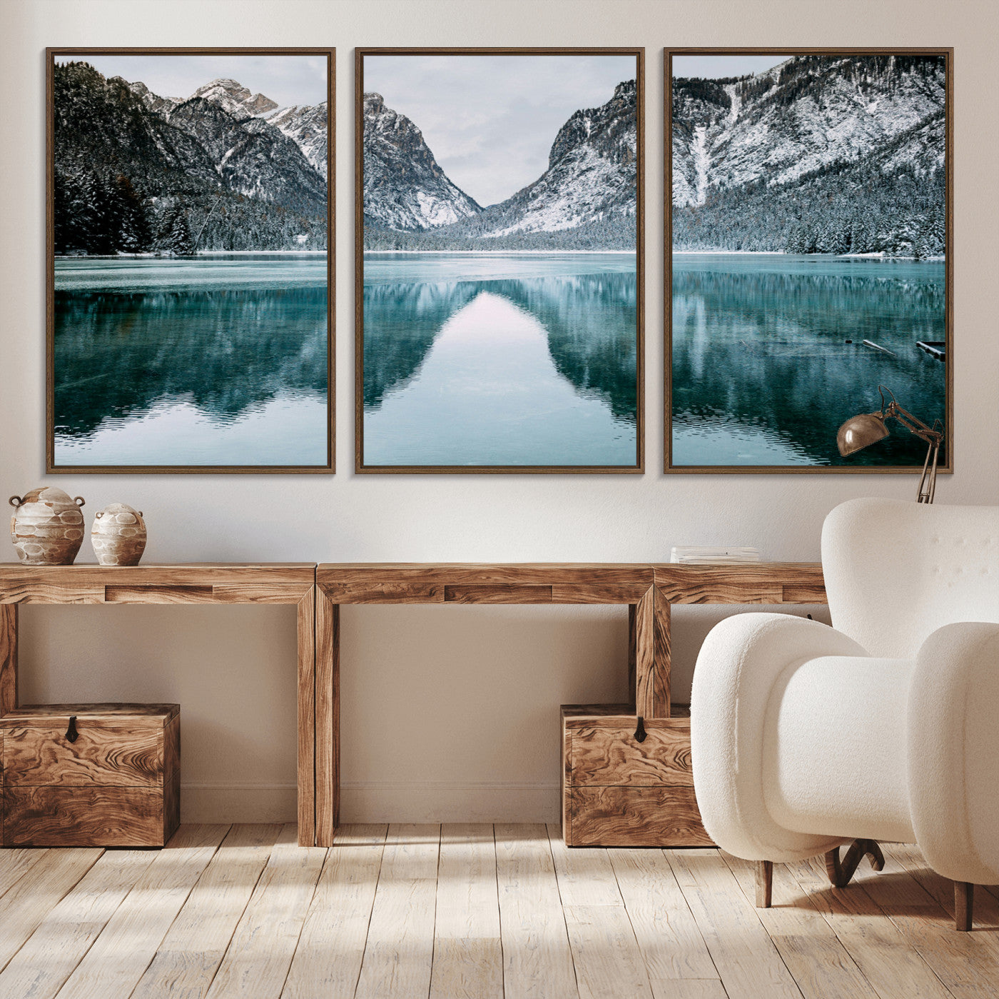 73098373-MGV-CV-36X24-Mountain Lake Wall Art Canvas Print, Framed Winter Wonderland Art Picture Print, Snowy Peaks Perfect Modern Nature Decor Artwork