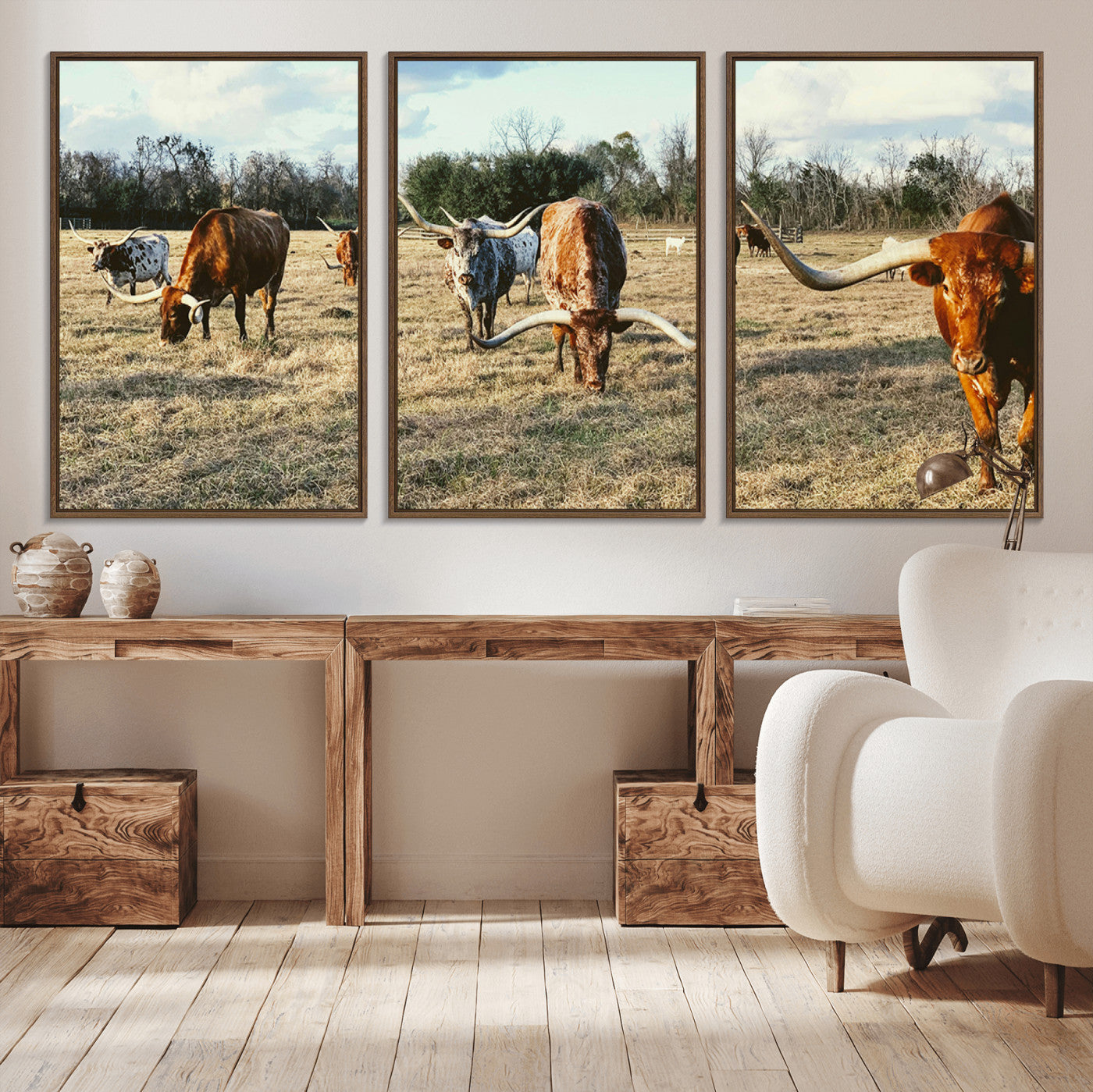 39144651-MGV-CV-36X24-Texas Longhorns Wall Art Canvas Print, Framed Rustic Farm Scene Art Picture Print, Western Cattle Perfect Rustic Farmhouse Decor