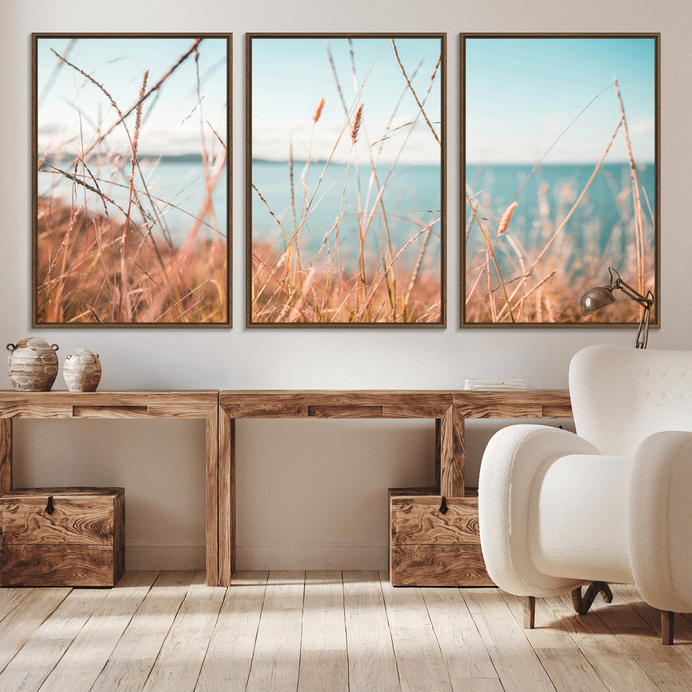 36108696-MGV-FC-60X30-3P_Walnut-Coastal Grass Wall Art – Serene Ocean View Canvas Print, Beach Nature Photography Decor for Living Room, Bedroom, Office or Modern