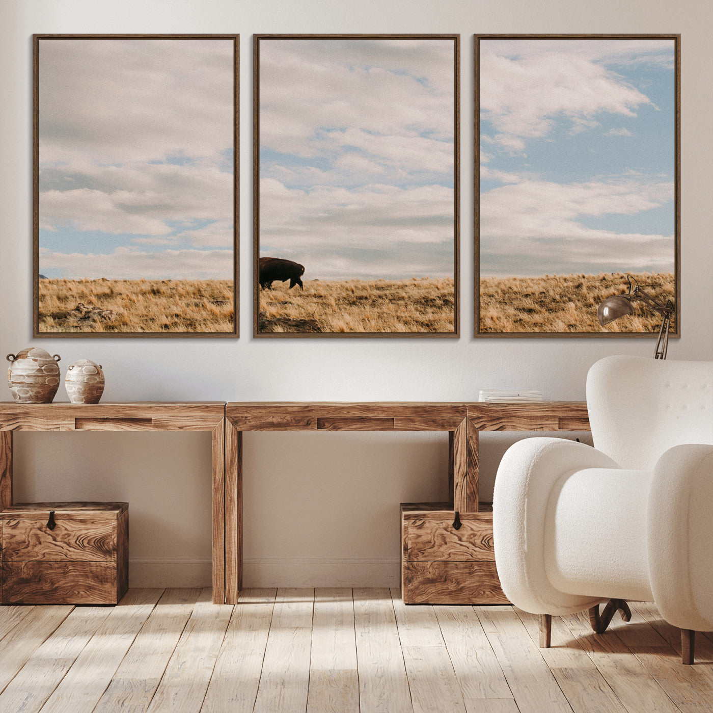 22754563-MGV-CV-36X24-Earthy Tones Wall Art Canvas Print, Framed Rustic Nature Art Picture Print, Solitary Buffalo Perfect Western Minimalist Decor