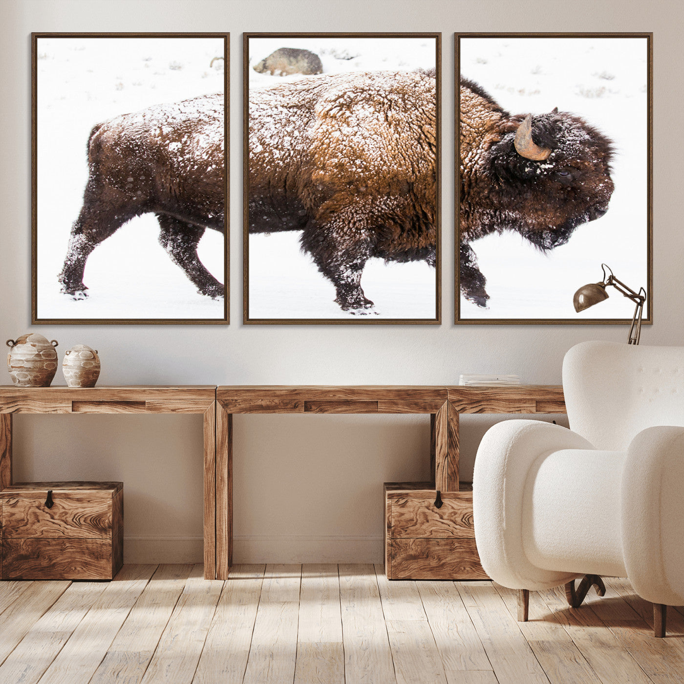 94261165-MGV-CV-36X24-Snowy Buffalo Wall Art Canvas Print, Framed Wildlife Photography Art Picture Print, Brown Tones Perfect Rustic Lodge Decor Decor