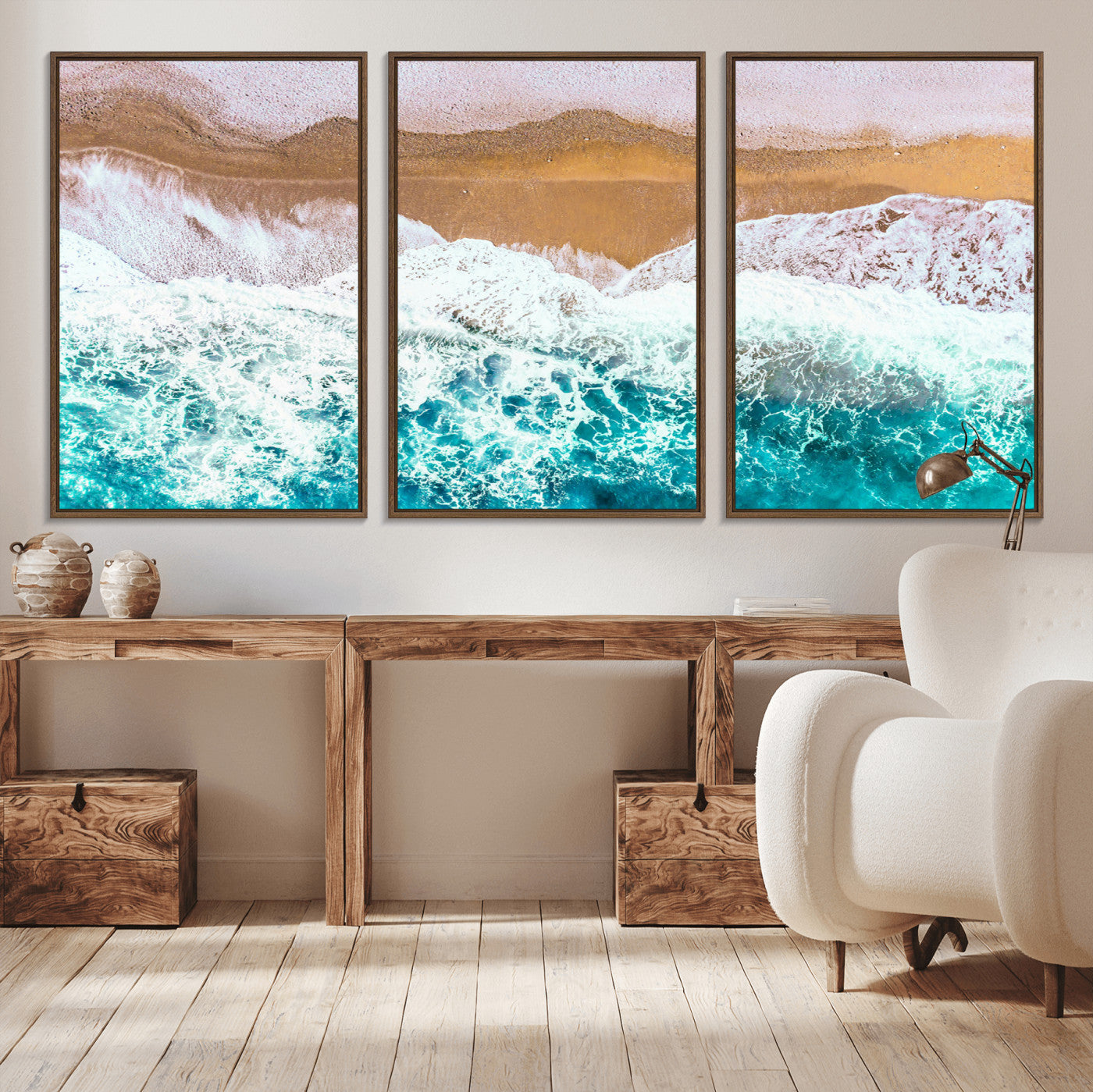 26870666-MGV-CV-36X24-Aerial Beach Wall Art Canvas Print, Framed Ocean Waves Art Picture Print, Coastal Landscape Perfect Coastal Minimalist Decor