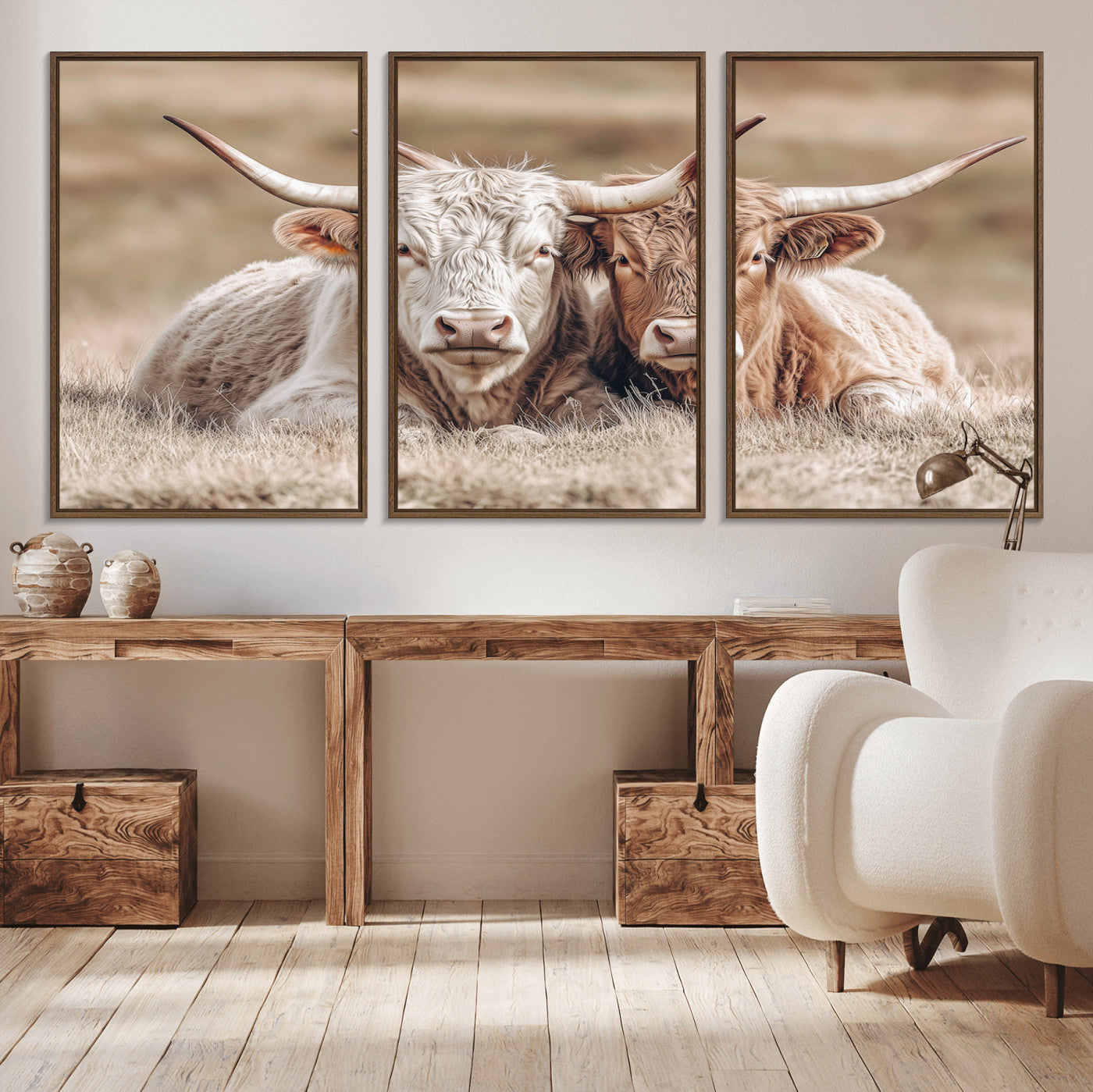 38651722-MGV-CV-36X24-Cow Wall Art – Rustic Longhorn Pair Canvas Print, Western Farmhouse Animal Painting, Country Ranch Decor for Living Room, Bedroom,