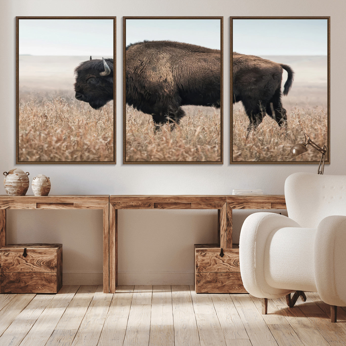 69909079-MGV-CV-36X24-Bison Wall Art – Majestic Buffalo Canvas Print in Prairie Grasslands, Rustic Western Animal Painting, Farmhouse Ranch Decor for