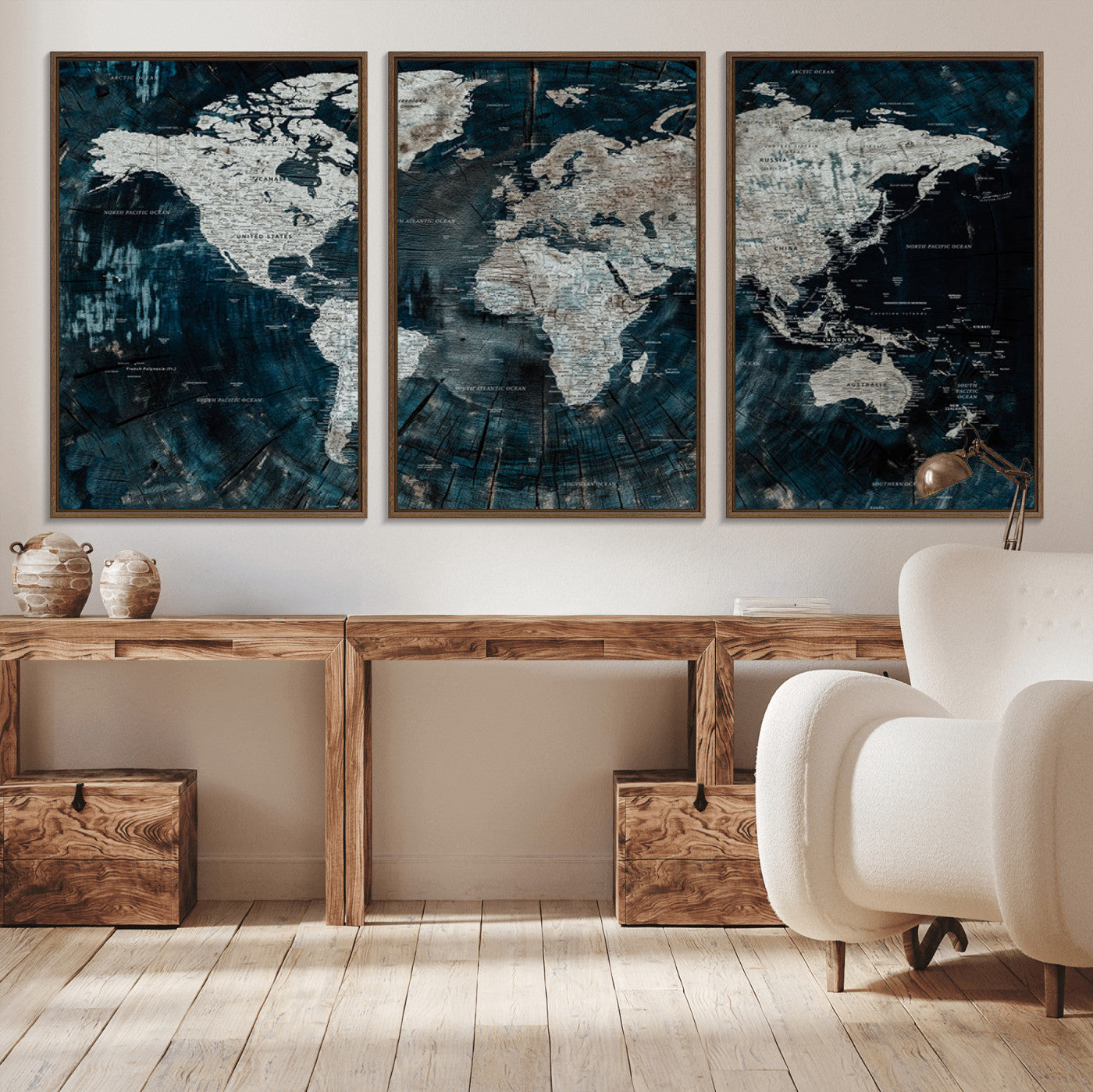 34425609-MGV-CV-36X24-World Map Wall Art – Rustic Navy and Grey Atlas Canvas Print, Distressed Explorer Map Artwork, Industrial Style Decor for Office,