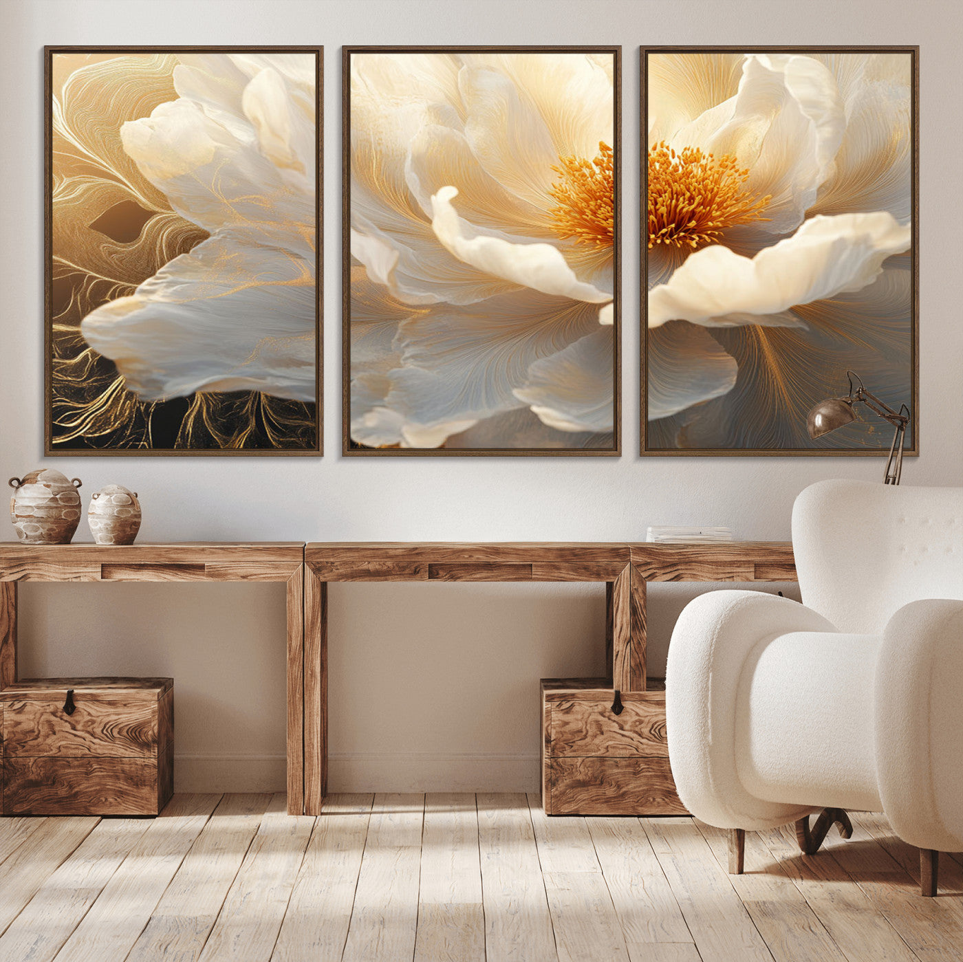 29539087-MGV-CV-36X24-Floral Wall Art – Elegant White and Gold Bloom Canvas Print, Romantic Modern Flower Artwork for Bedroom, Living Room, or Office