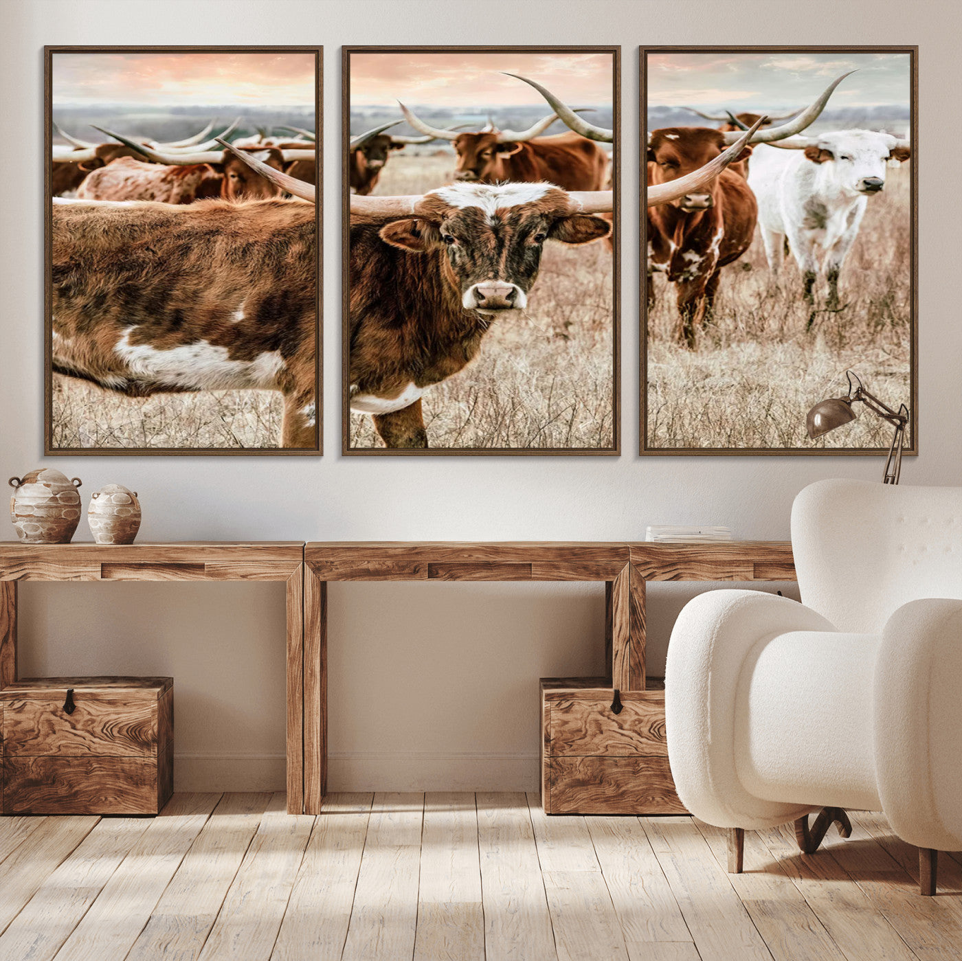 47758300-MGV-CV-36X24-Texas Longhorn Cattle Wall Art – Rustic Western Herd Canvas Print, Cowboy Ranch Farmhouse Decor for Living Room, Office, or