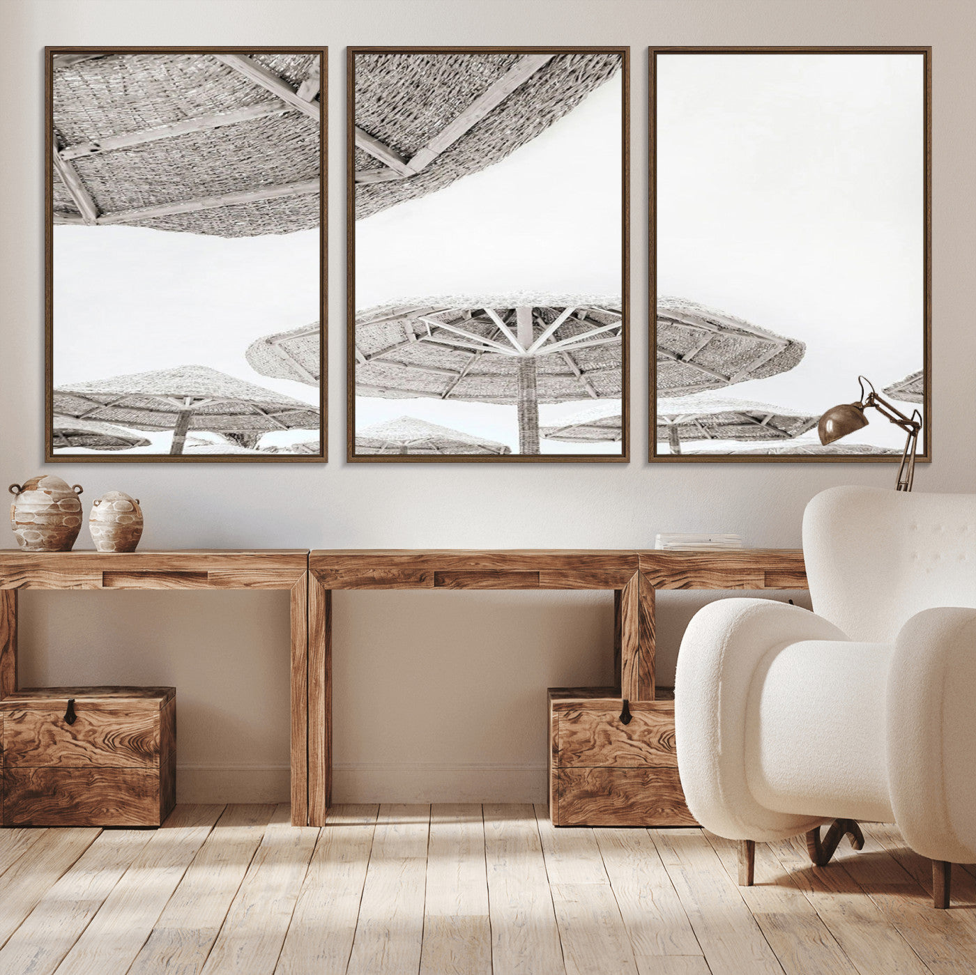 97043123-MGV-CV-36X24-Beach Umbrella Wall Art – Minimalist Coastal Canvas Print, Woven Parasol Summer Decor for Bedroom, Living Room, or Modern Beach