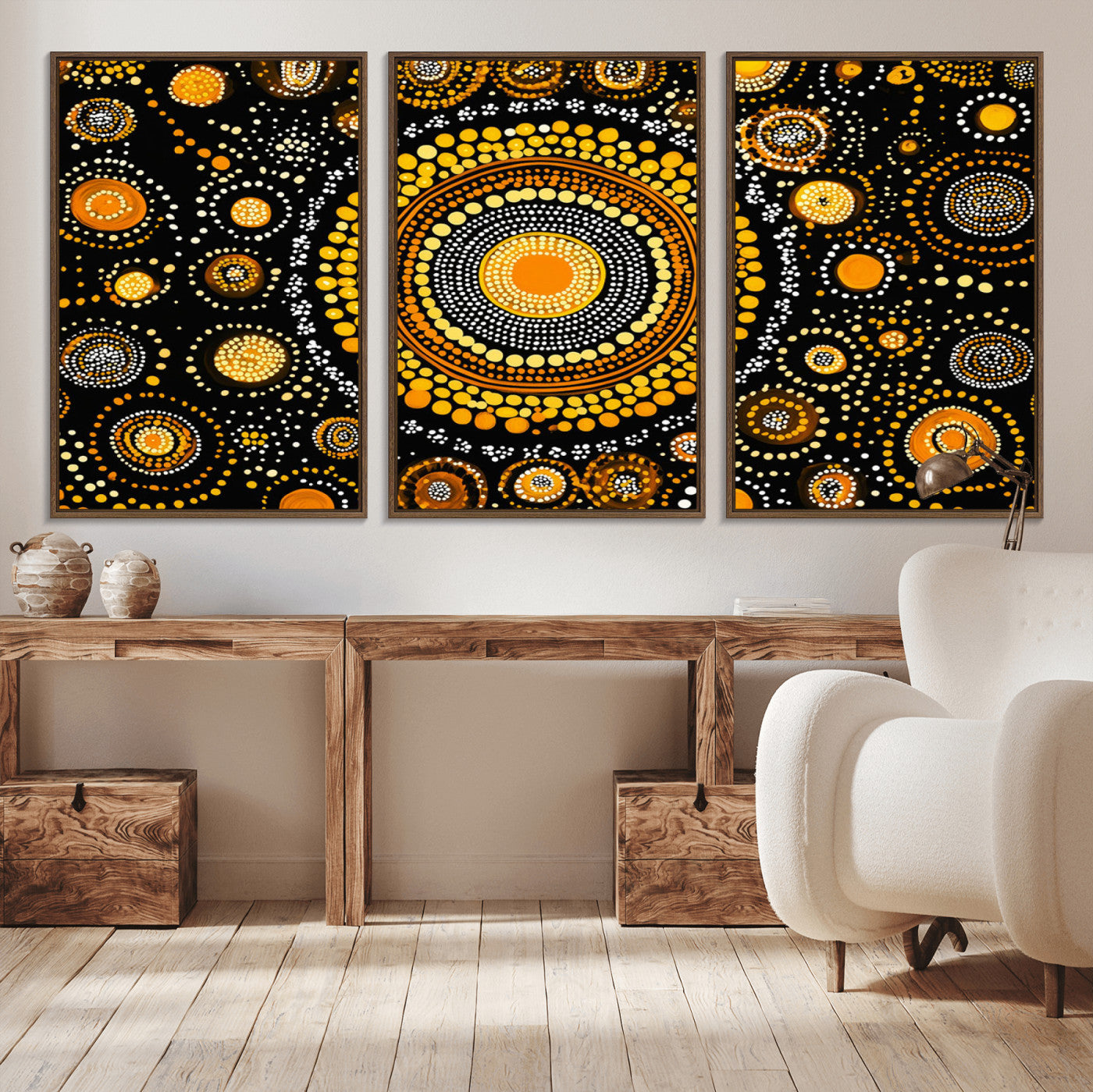 45478523-MGV-CV-36X24-Abstract Circle Wall Art – Bold Black and Gold Dot Painting Canvas Print, Modern Geometric Mandala Style Decor for Living Room or