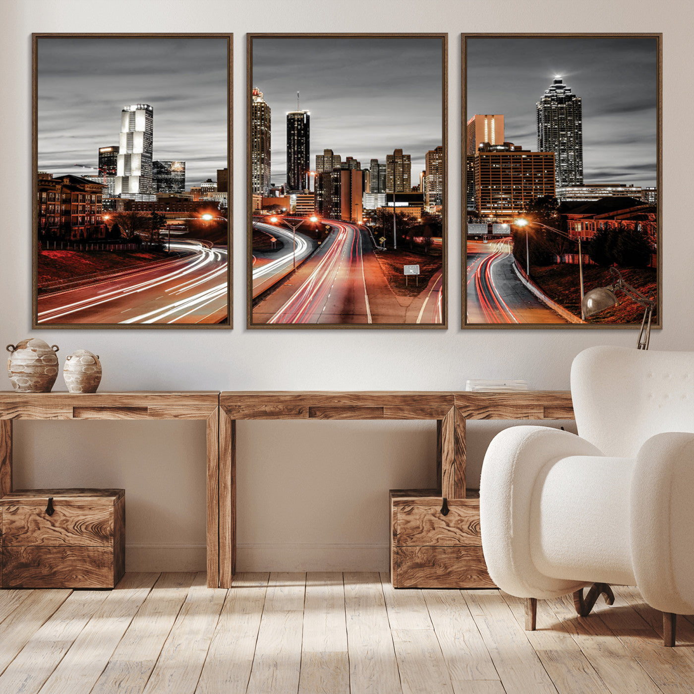 59097239-MGV-CV-36X24-City Skyline Wall Art – Modern Black and White Night Canvas Print with Red Light Trails, Urban Landscape Decor for Living Room or