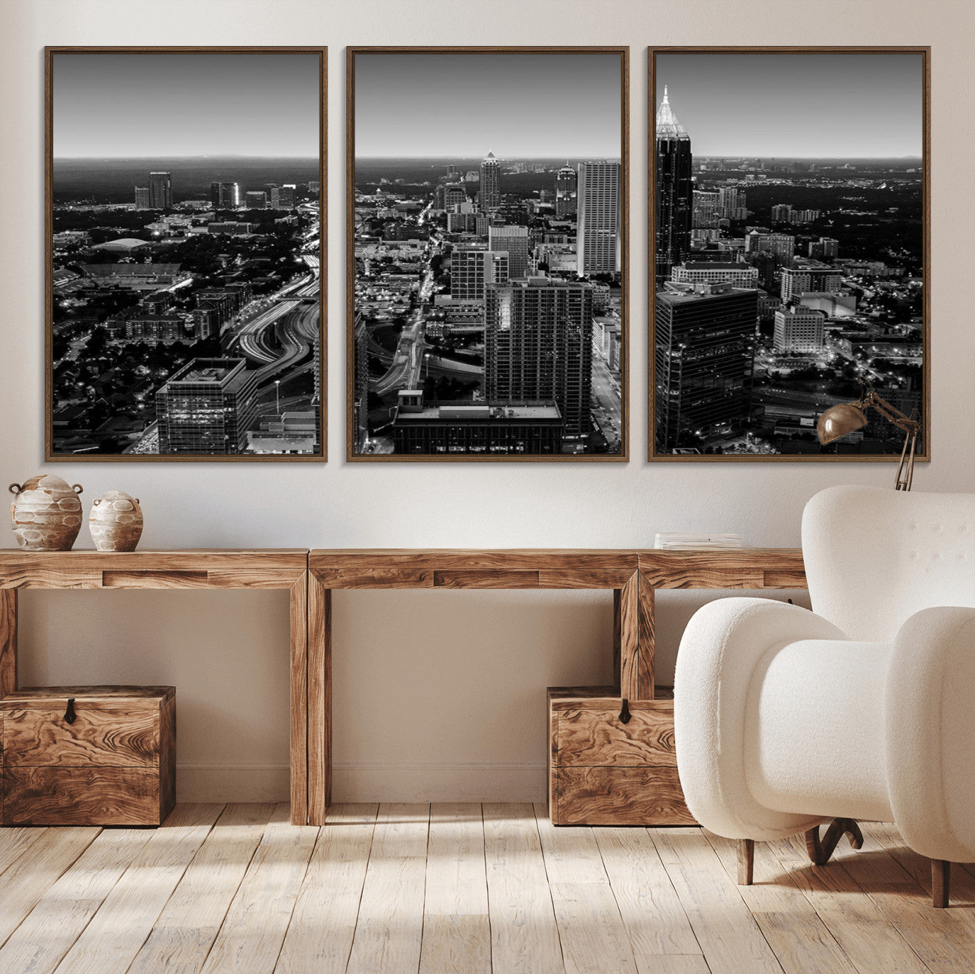 46578567-MGV-CV-36X24-Atlanta Skyline Wall Art – Black and White Cityscape Canvas Print, Modern Urban Night Decor for Office, Living Room, or Apartment
