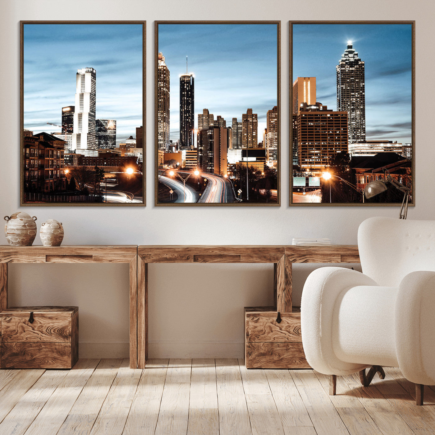23859158-MGV-CV-36X24-Atlanta Skyline Wall Art – Modern Cityscape Canvas Print with Night Lights and Traffic Trails, Urban Decor for Office, Apartment,
